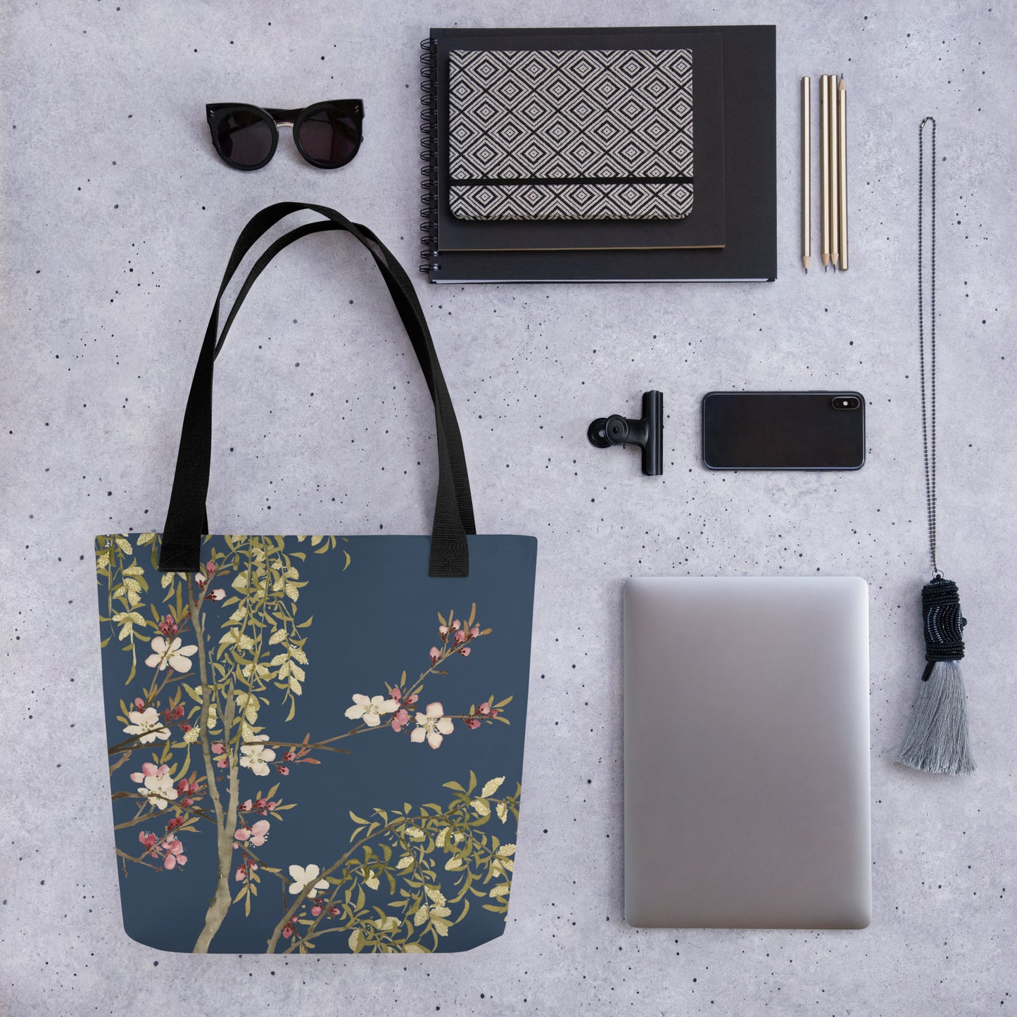 The Spirit of Flowers in Twelve Months｜Willow and Peach Blossom｜Tote bag｜Dark blue