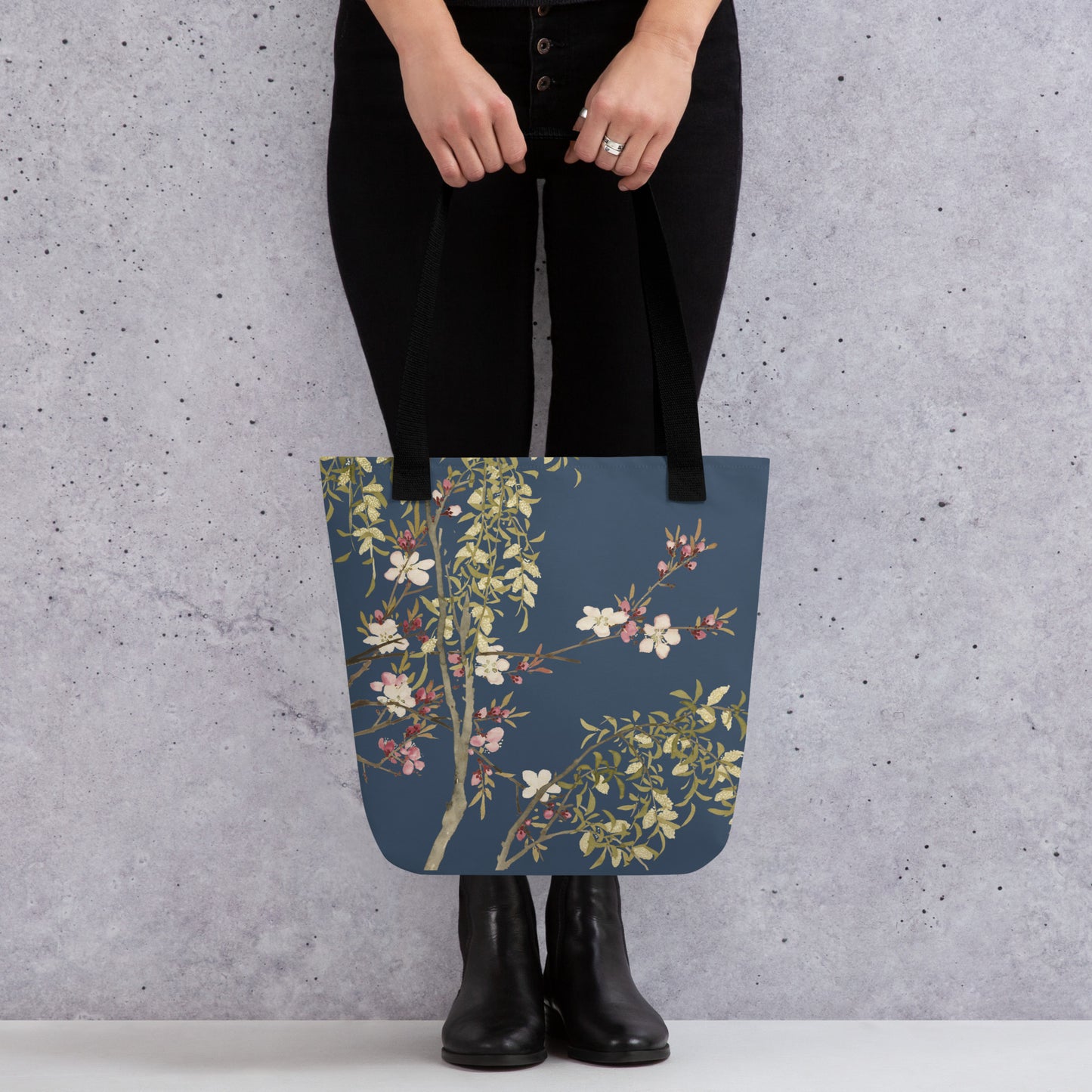 The Spirit of Flowers in Twelve Months｜Willow and Peach Blossom｜Tote bag｜Dark blue