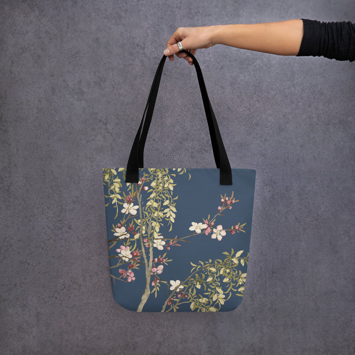 The Spirit of Flowers in Twelve Months｜Willow and Peach Blossom｜Tote bag｜Dark blue