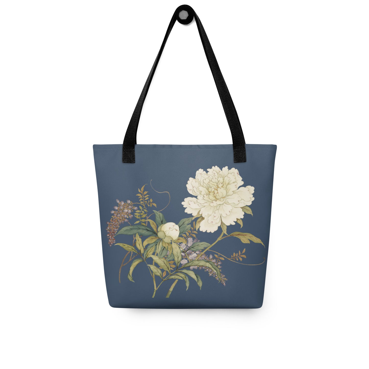 The Spirit of Flowers in Twelve Months｜Chinese Peony and Wisteria in Bloom｜Tote bag｜Dark blue