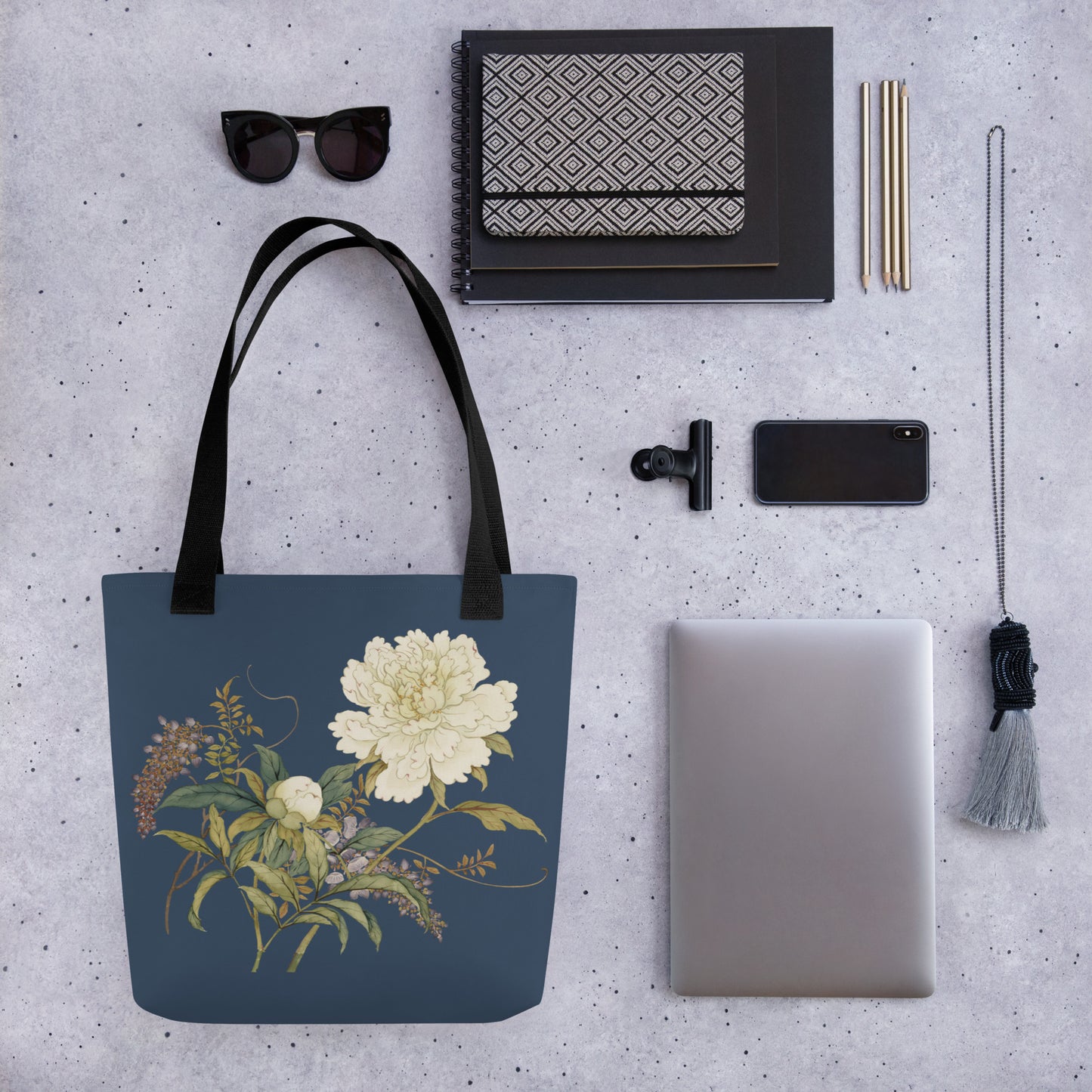 The Spirit of Flowers in Twelve Months｜Chinese Peony and Wisteria in Bloom｜Tote bag｜Dark blue