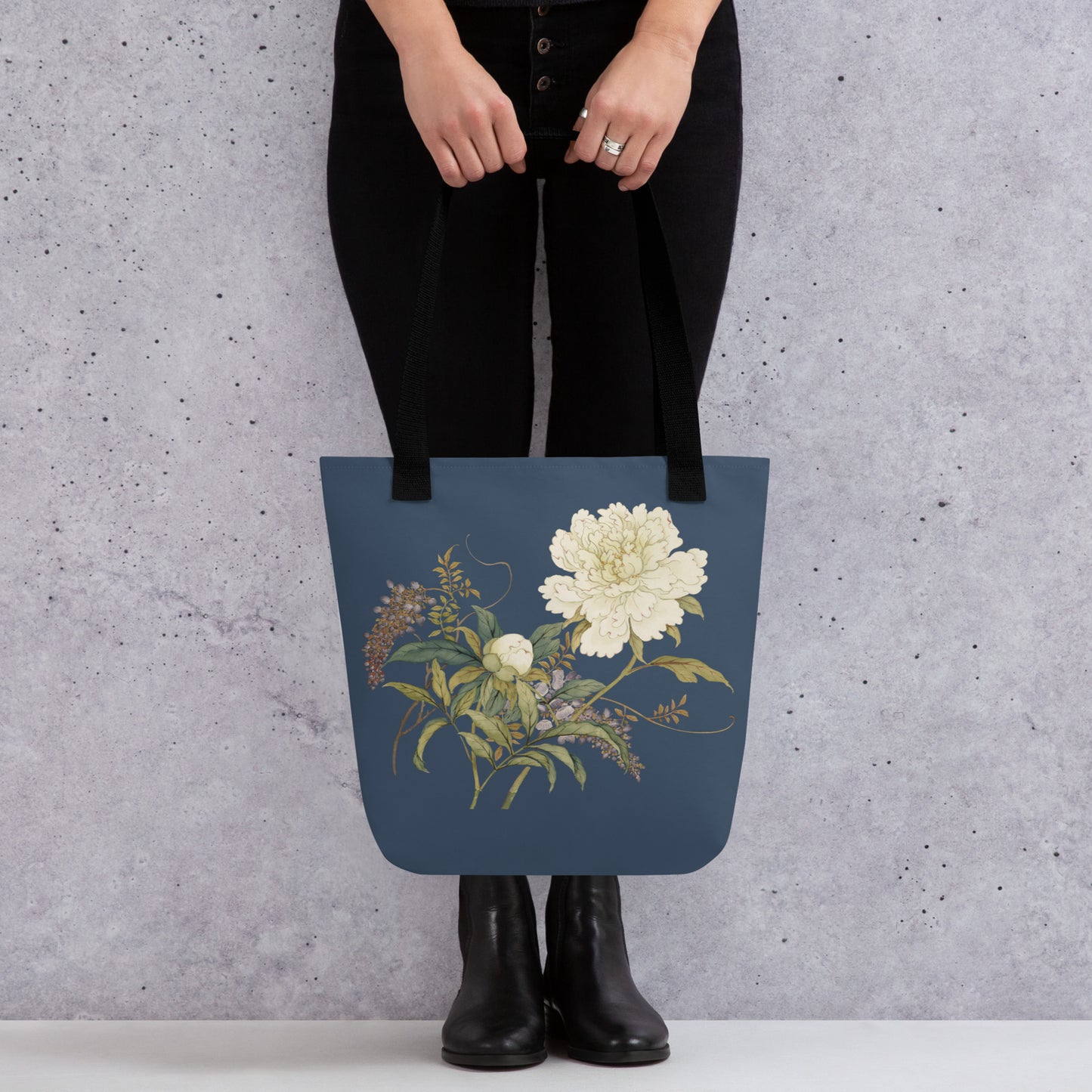 The Spirit of Flowers in Twelve Months｜Chinese Peony and Wisteria in Bloom｜Tote bag｜Dark blue