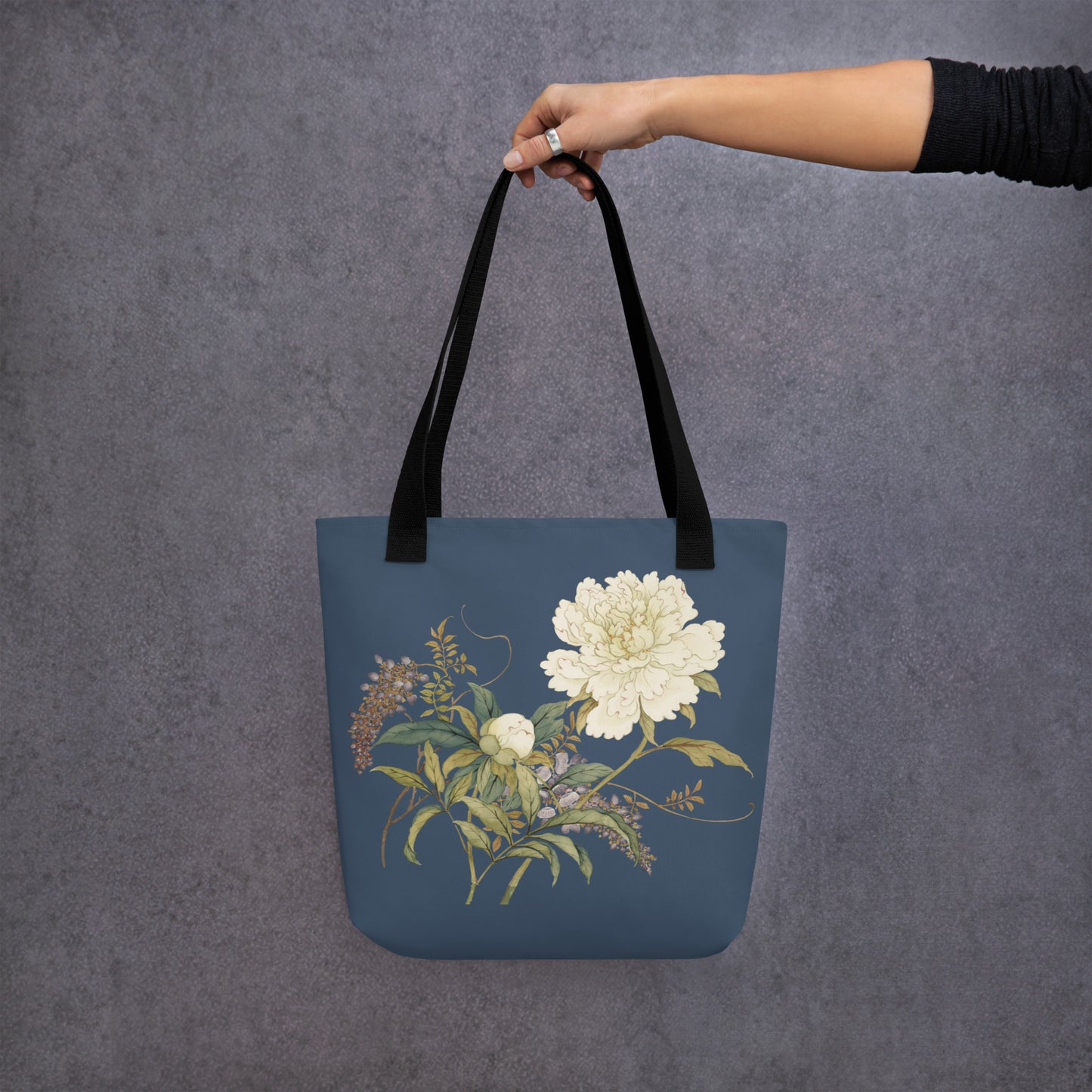 The Spirit of Flowers in Twelve Months｜Chinese Peony and Wisteria in Bloom｜Tote bag｜Dark blue