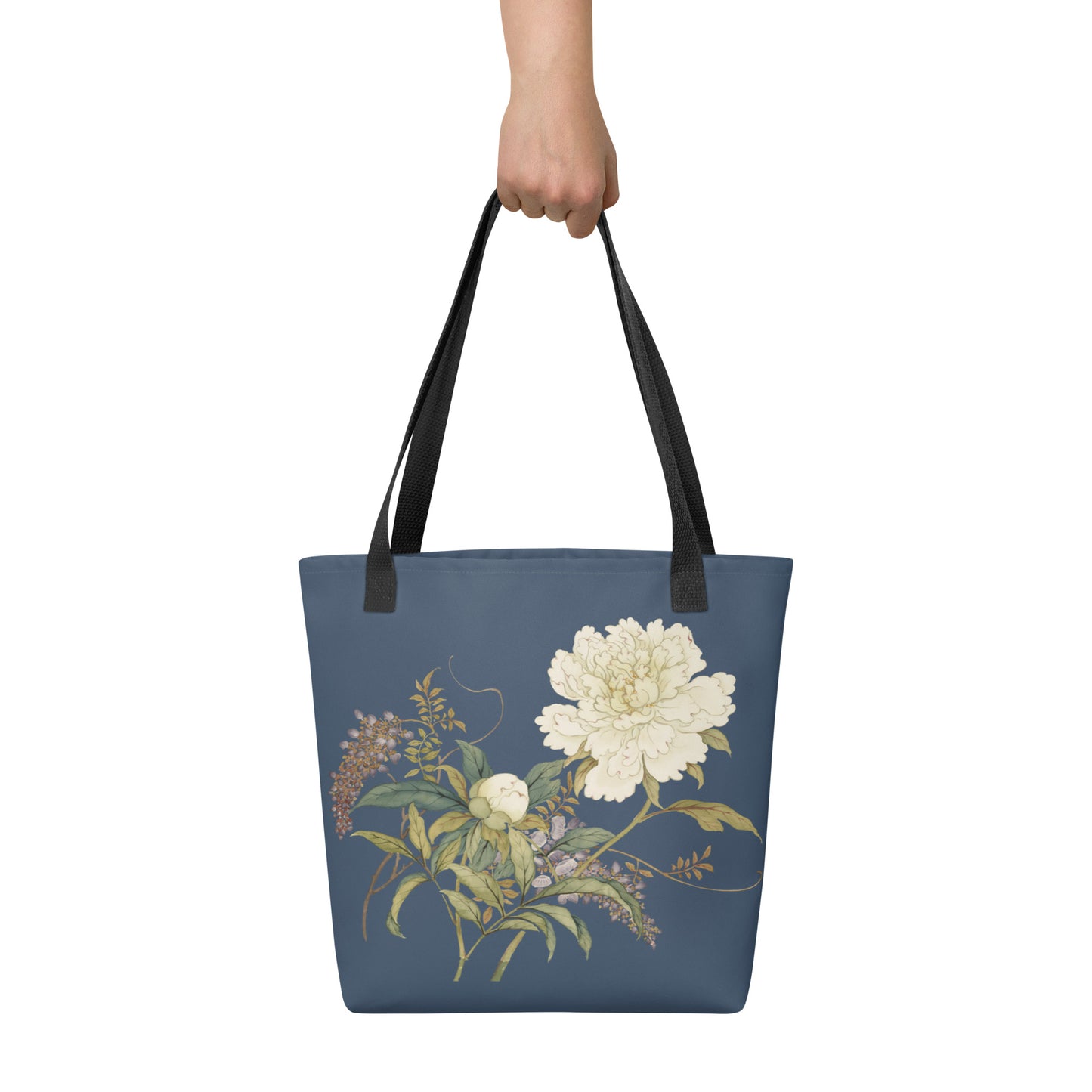 The Spirit of Flowers in Twelve Months｜Chinese Peony and Wisteria in Bloom｜Tote bag｜Dark blue