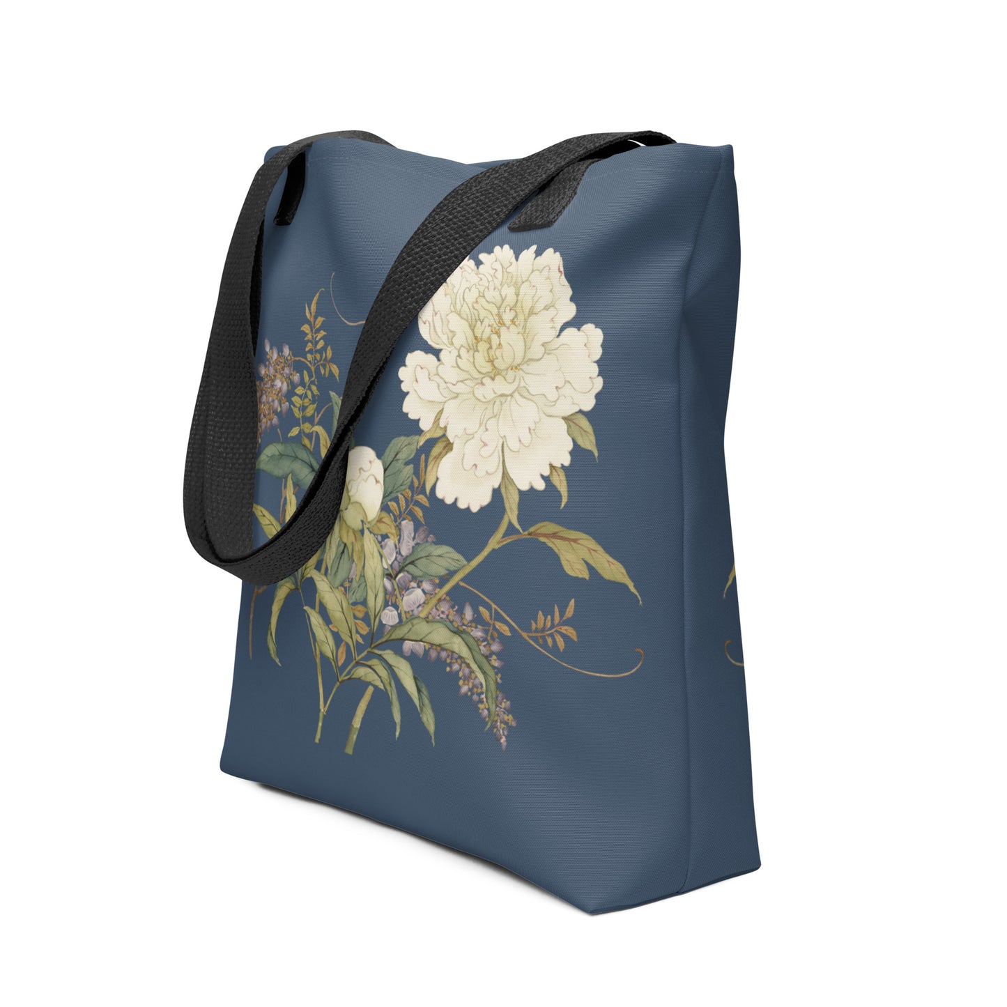 The Spirit of Flowers in Twelve Months｜Chinese Peony and Wisteria in Bloom｜Tote bag｜Dark blue