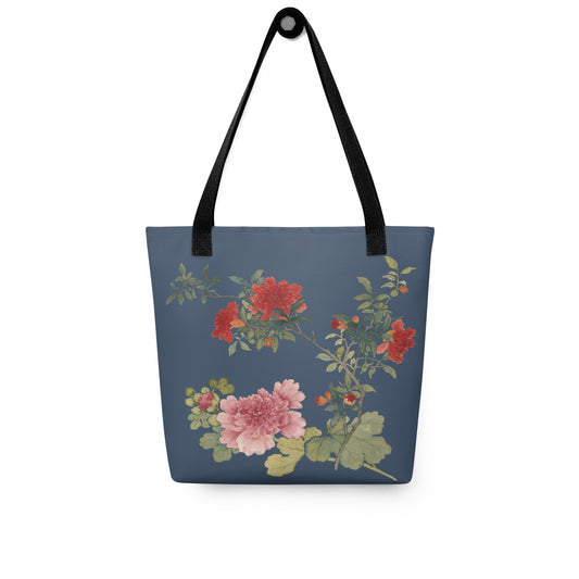 The Spirit of Flowers in Twelve Months｜Hollyhock and Pomegranate in Bloom｜Tote bag｜Dark blue