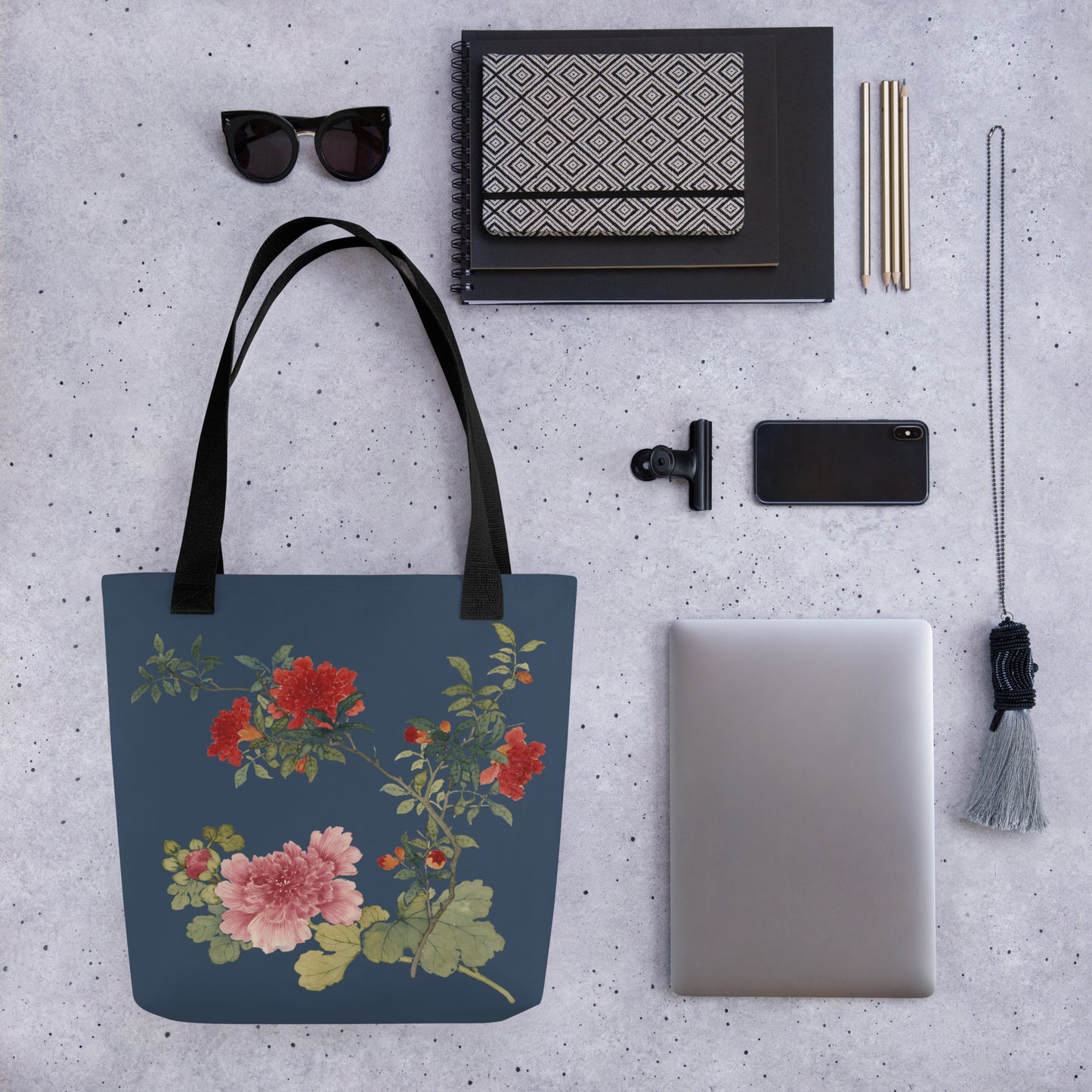 The Spirit of Flowers in Twelve Months｜Hollyhock and Pomegranate in Bloom｜Tote bag｜Dark blue