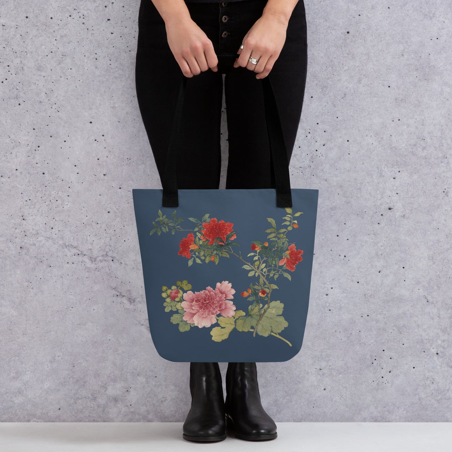 The Spirit of Flowers in Twelve Months｜Hollyhock and Pomegranate in Bloom｜Tote bag｜Dark blue