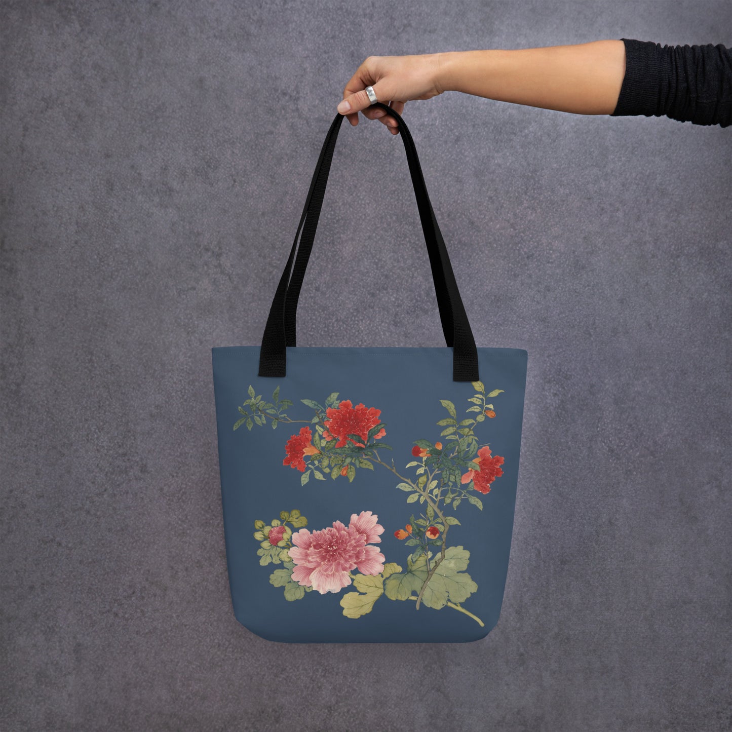 The Spirit of Flowers in Twelve Months｜Hollyhock and Pomegranate in Bloom｜Tote bag｜Dark blue