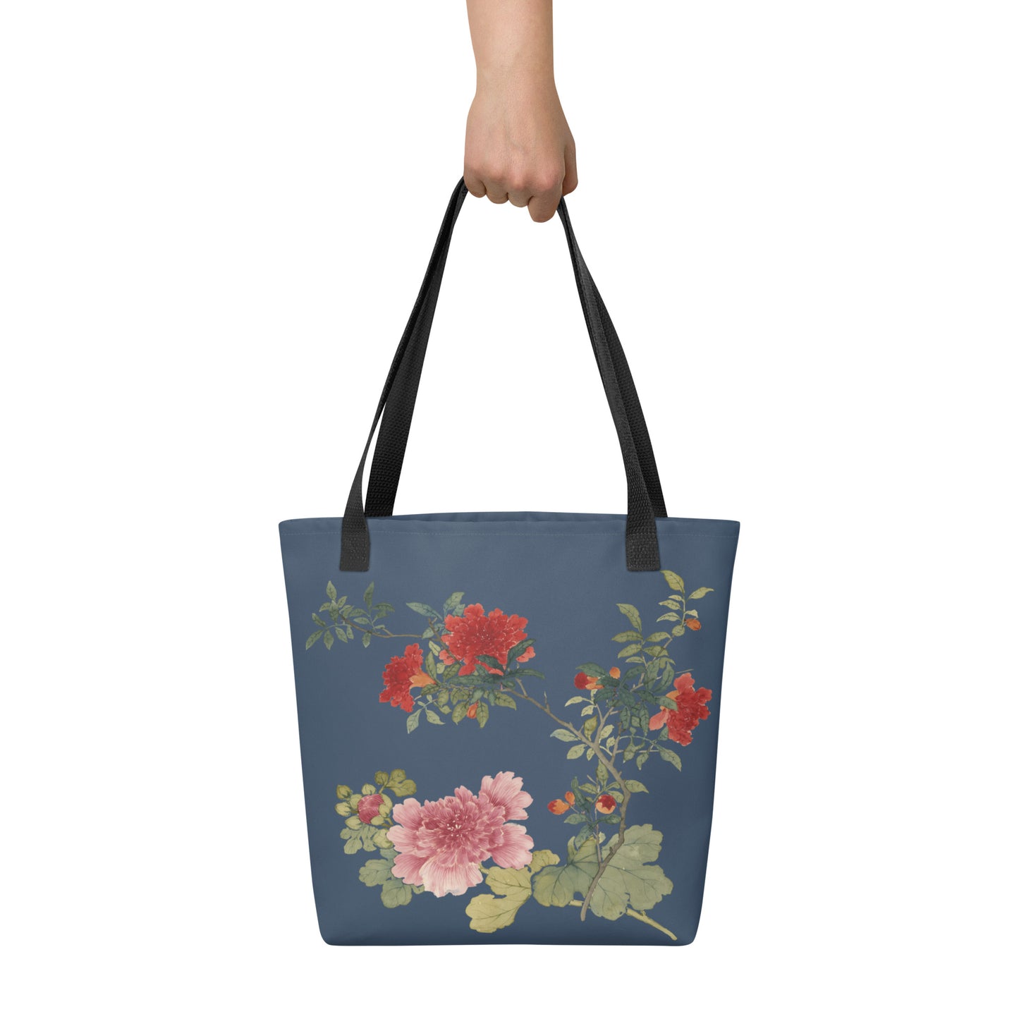 The Spirit of Flowers in Twelve Months｜Hollyhock and Pomegranate in Bloom｜Tote bag｜Dark blue