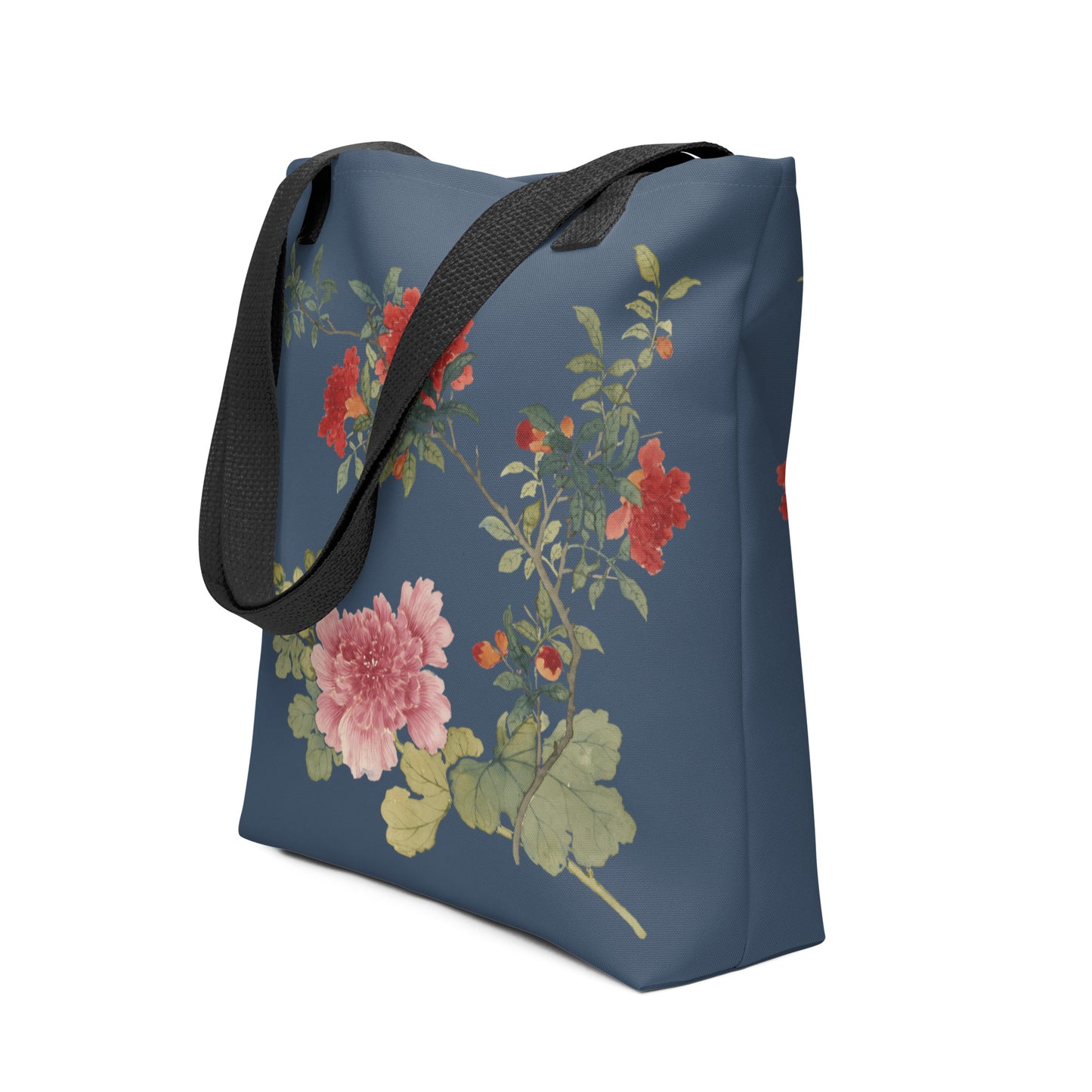 The Spirit of Flowers in Twelve Months｜Hollyhock and Pomegranate in Bloom｜Tote bag｜Dark blue