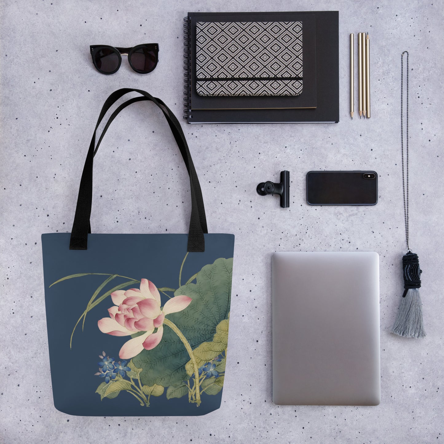 The Spirit of Flowers in Twelve Months｜Lotus in Bloom｜Tote bag｜Dark blue