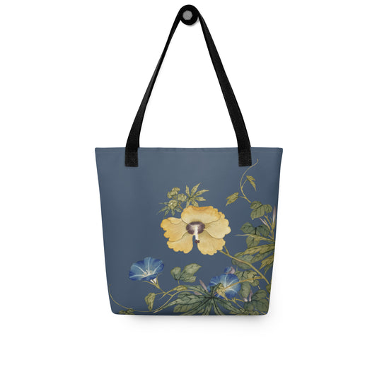 The Spirit of Flowers in Twelve Months｜Okra and White-edged Morning Glory in Bloom｜Tote bag｜Dark blue