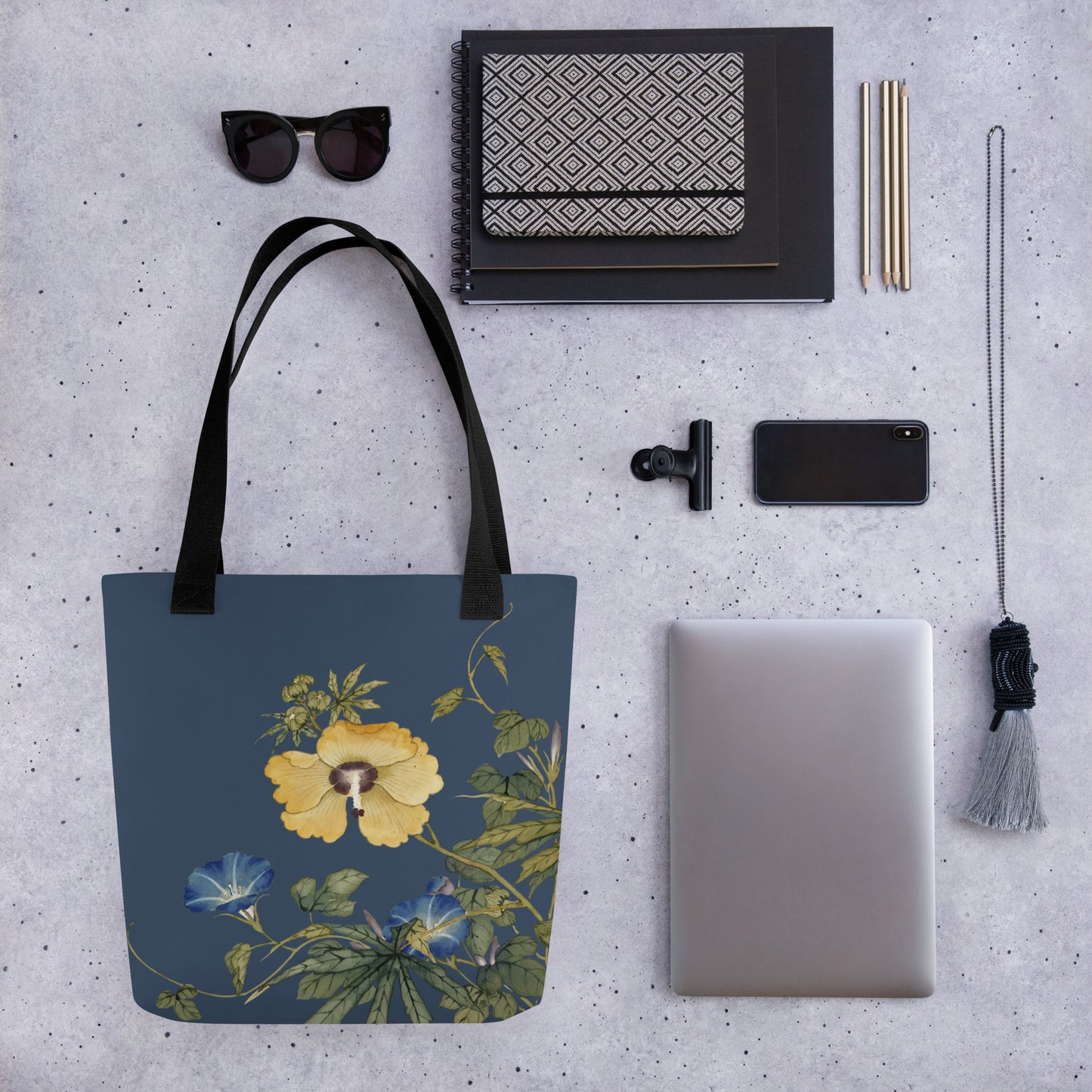 The Spirit of Flowers in Twelve Months｜Okra and White-edged Morning Glory in Bloom｜Tote bag｜Dark blue