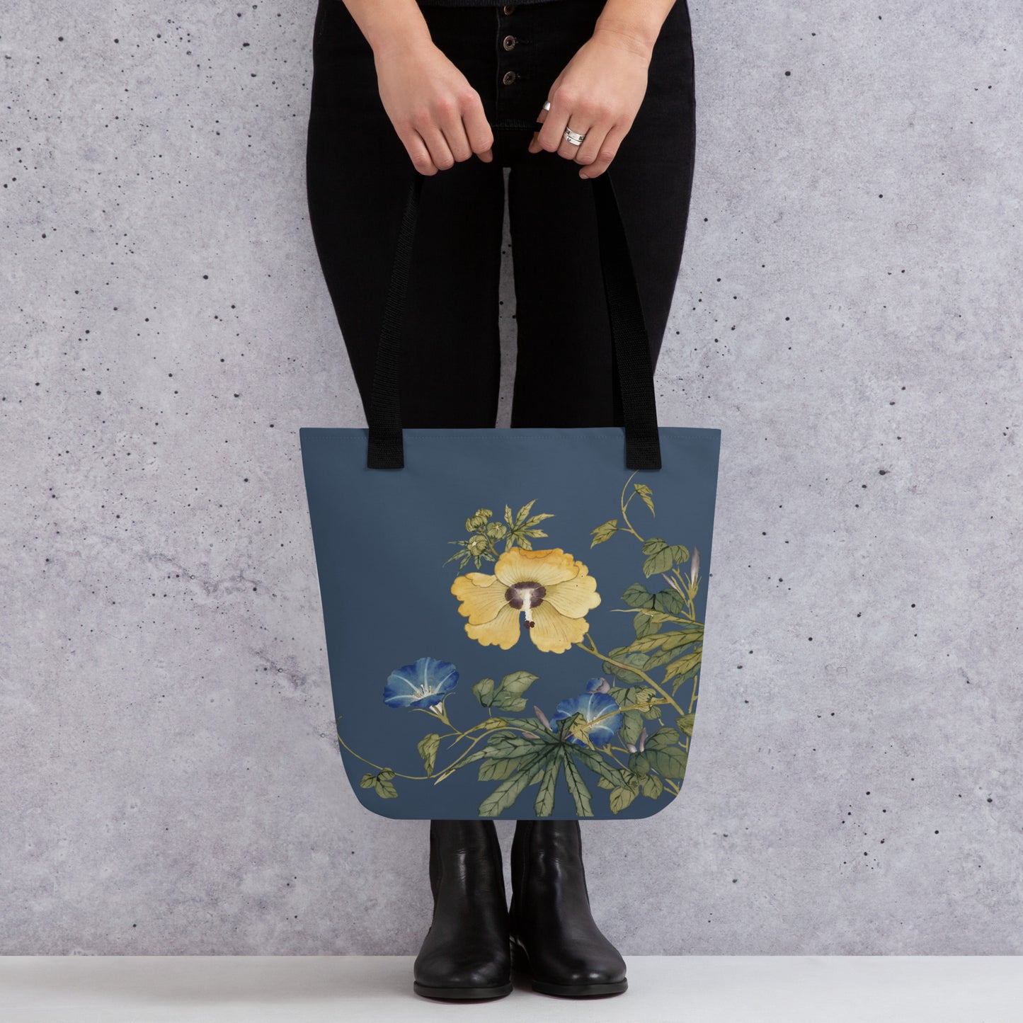 The Spirit of Flowers in Twelve Months｜Okra and White-edged Morning Glory in Bloom｜Tote bag｜Dark blue