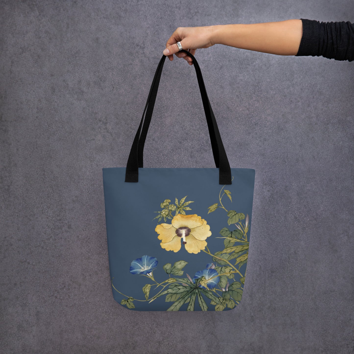 The Spirit of Flowers in Twelve Months｜Okra and White-edged Morning Glory in Bloom｜Tote bag｜Dark blue