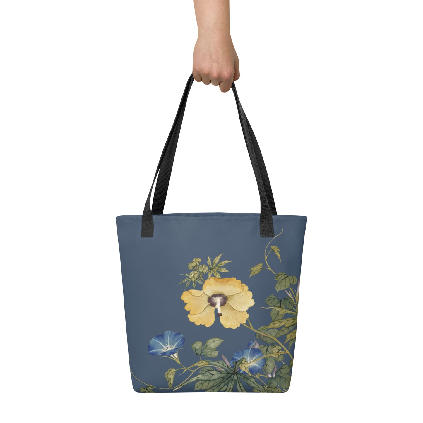 The Spirit of Flowers in Twelve Months｜Okra and White-edged Morning Glory in Bloom｜Tote bag｜Dark blue