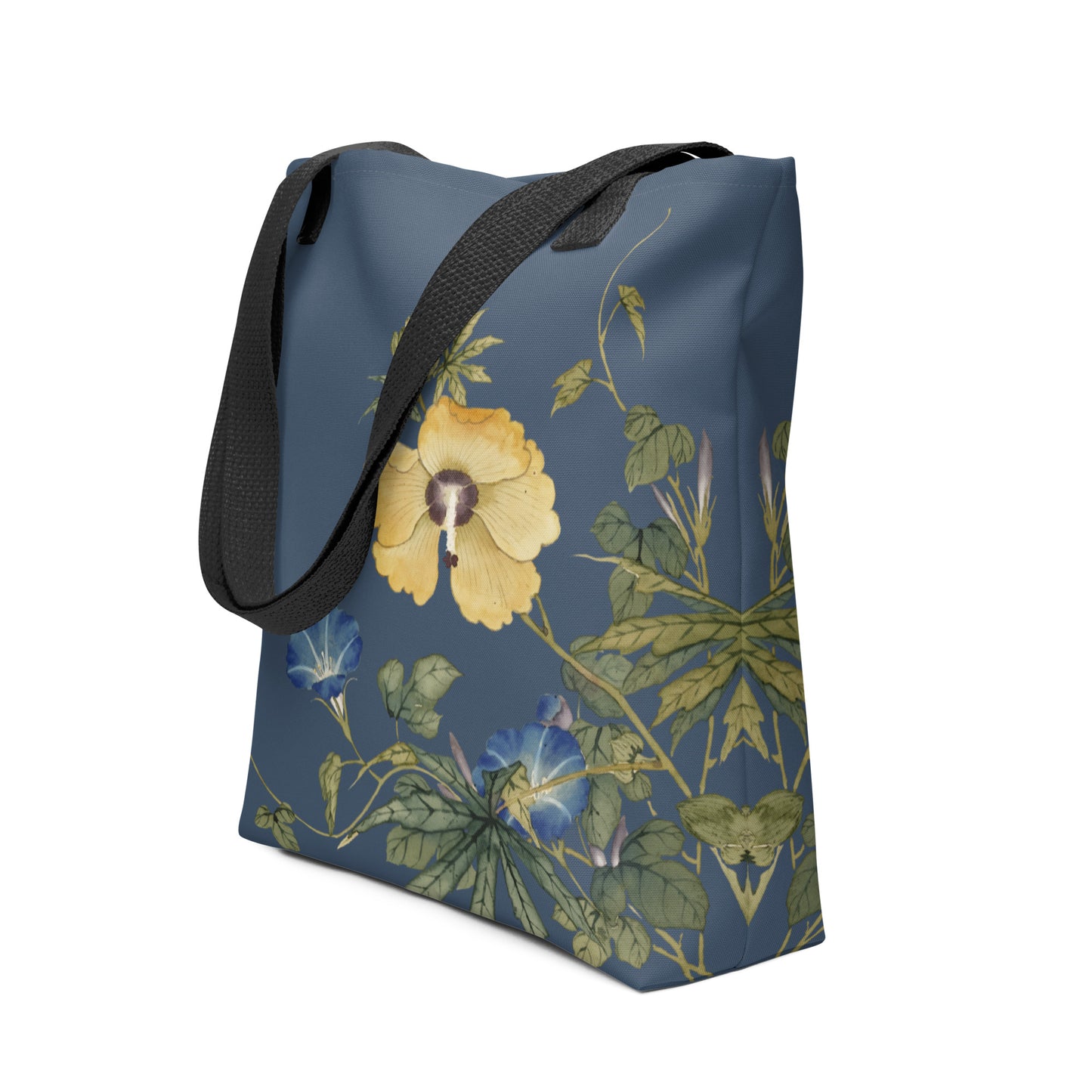 The Spirit of Flowers in Twelve Months｜Okra and White-edged Morning Glory in Bloom｜Tote bag｜Dark blue