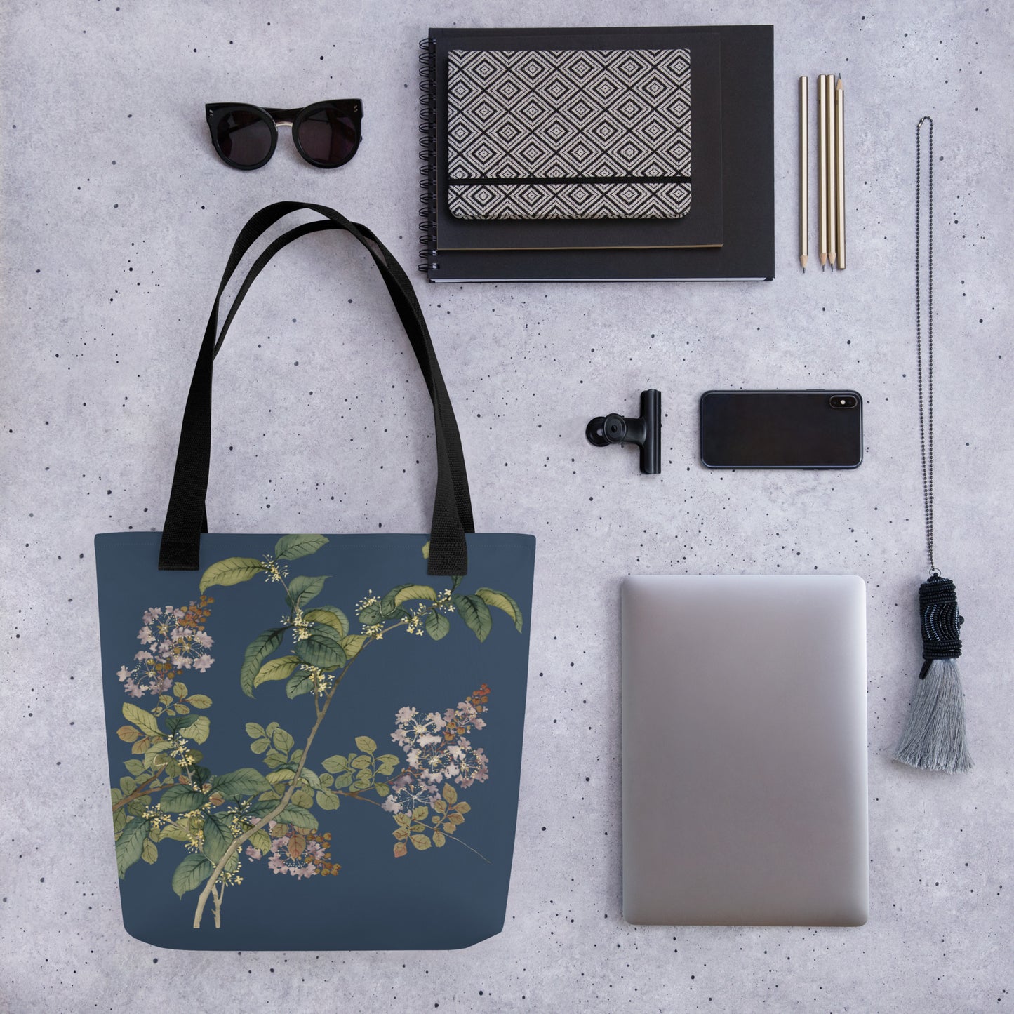 The Spirit of Flowers in Twelve Months｜Osmanthus and Crape Myrtle in Bloom｜Tote bag｜Dark blue