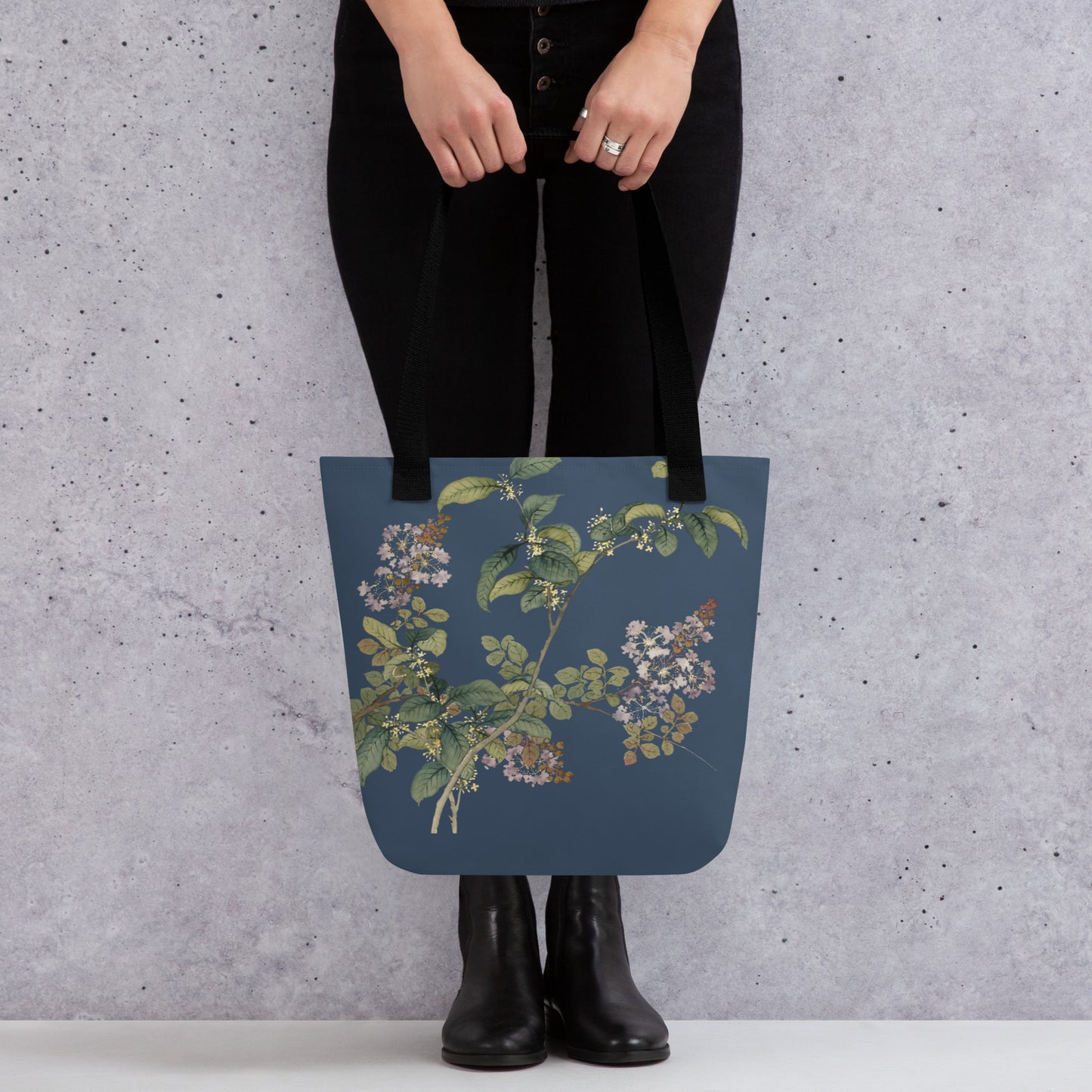 The Spirit of Flowers in Twelve Months｜Osmanthus and Crape Myrtle in Bloom｜Tote bag｜Dark blue