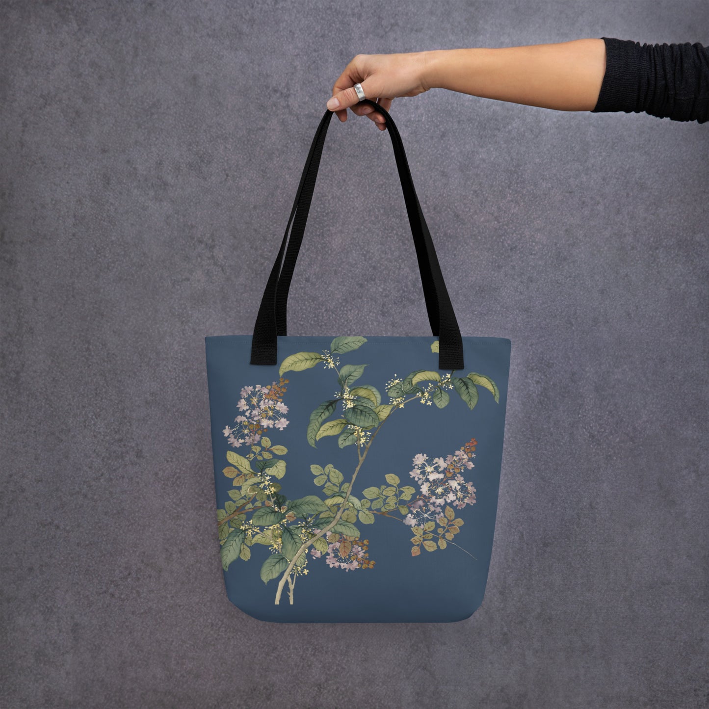 The Spirit of Flowers in Twelve Months｜Osmanthus and Crape Myrtle in Bloom｜Tote bag｜Dark blue