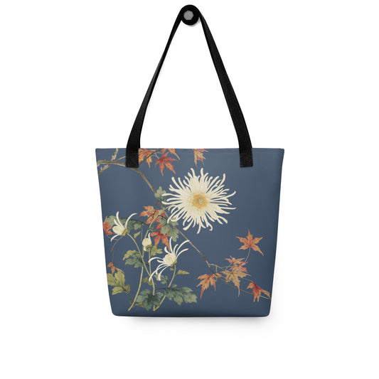 The Spirit of Flowers in Twelve Months｜Blooming Chrysanthemum and Maple Leaves｜Tote bag｜Dark blue