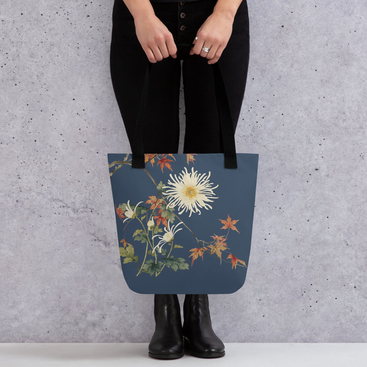 The Spirit of Flowers in Twelve Months｜Blooming Chrysanthemum and Maple Leaves｜Tote bag｜Dark blue