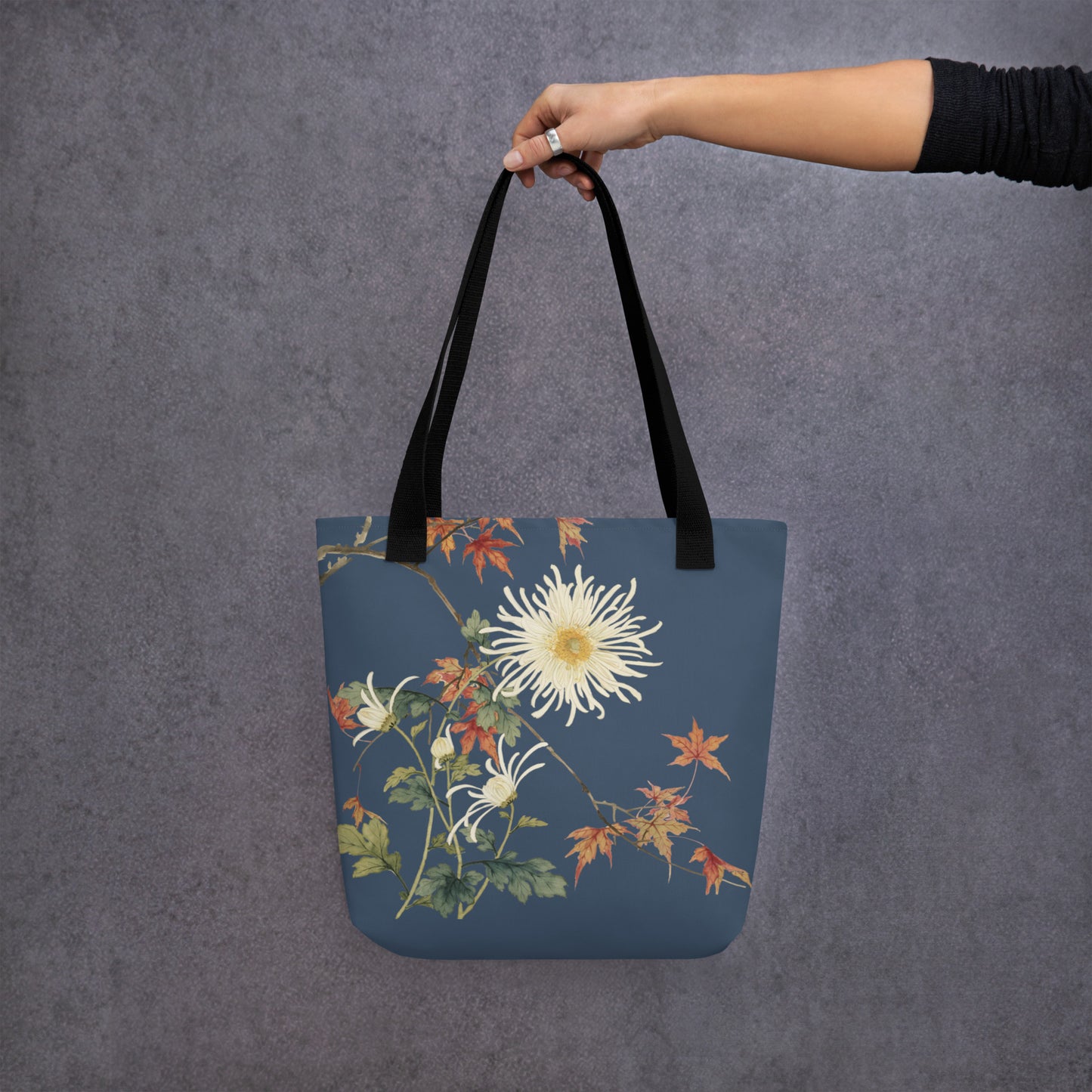 The Spirit of Flowers in Twelve Months｜Blooming Chrysanthemum and Maple Leaves｜Tote bag｜Dark blue