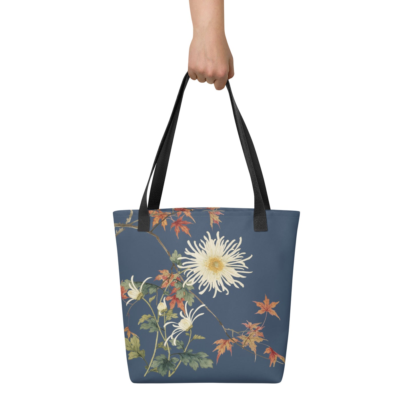 The Spirit of Flowers in Twelve Months｜Blooming Chrysanthemum and Maple Leaves｜Tote bag｜Dark blue