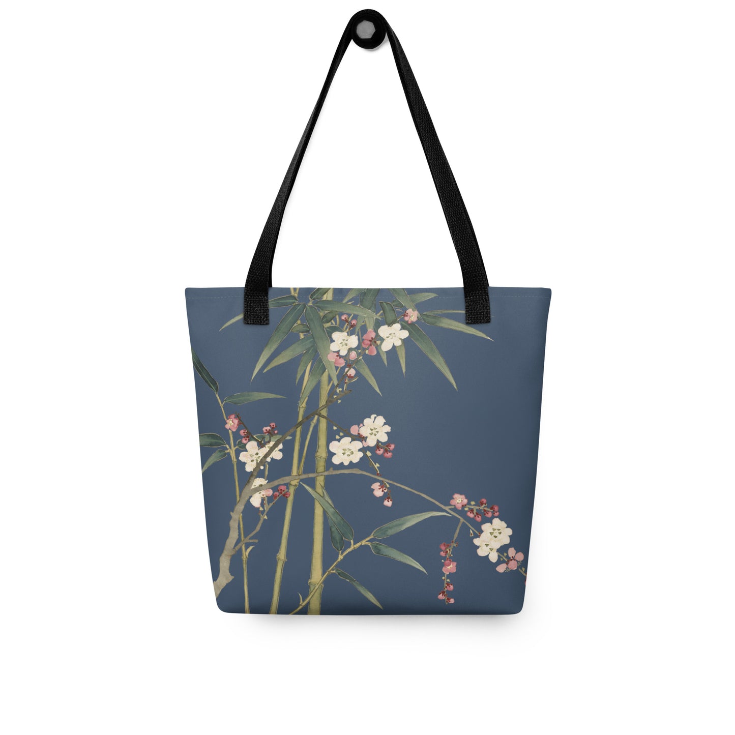 The Spirit of Flowers in Twelve Months｜Crimson Plum Blossom and Lush Green Bamboo｜Tote bag｜Dark blue