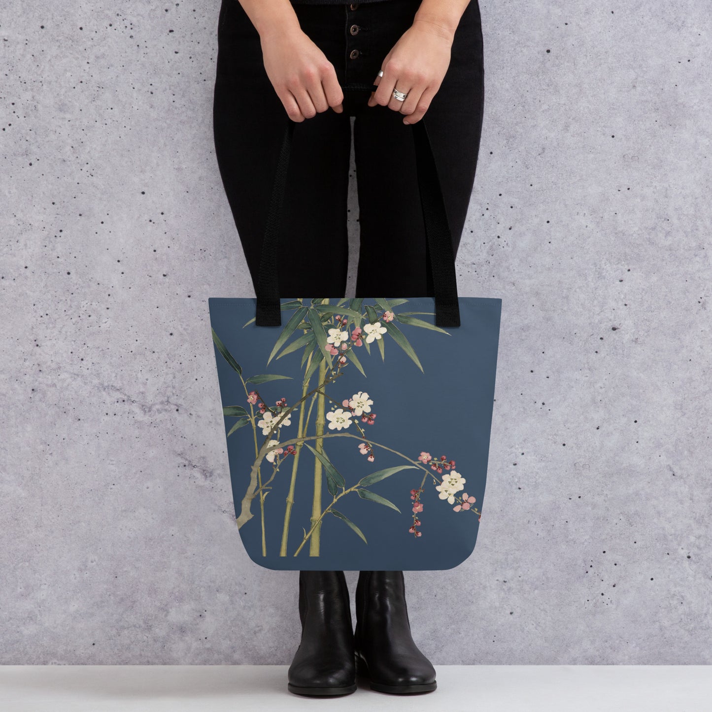 The Spirit of Flowers in Twelve Months｜Crimson Plum Blossom and Lush Green Bamboo｜Tote bag｜Dark blue