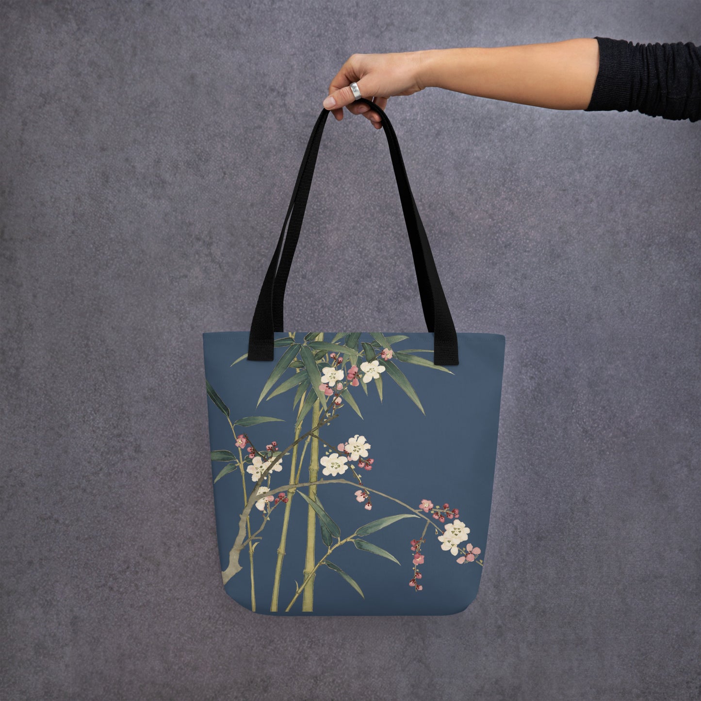 The Spirit of Flowers in Twelve Months｜Crimson Plum Blossom and Lush Green Bamboo｜Tote bag｜Dark blue