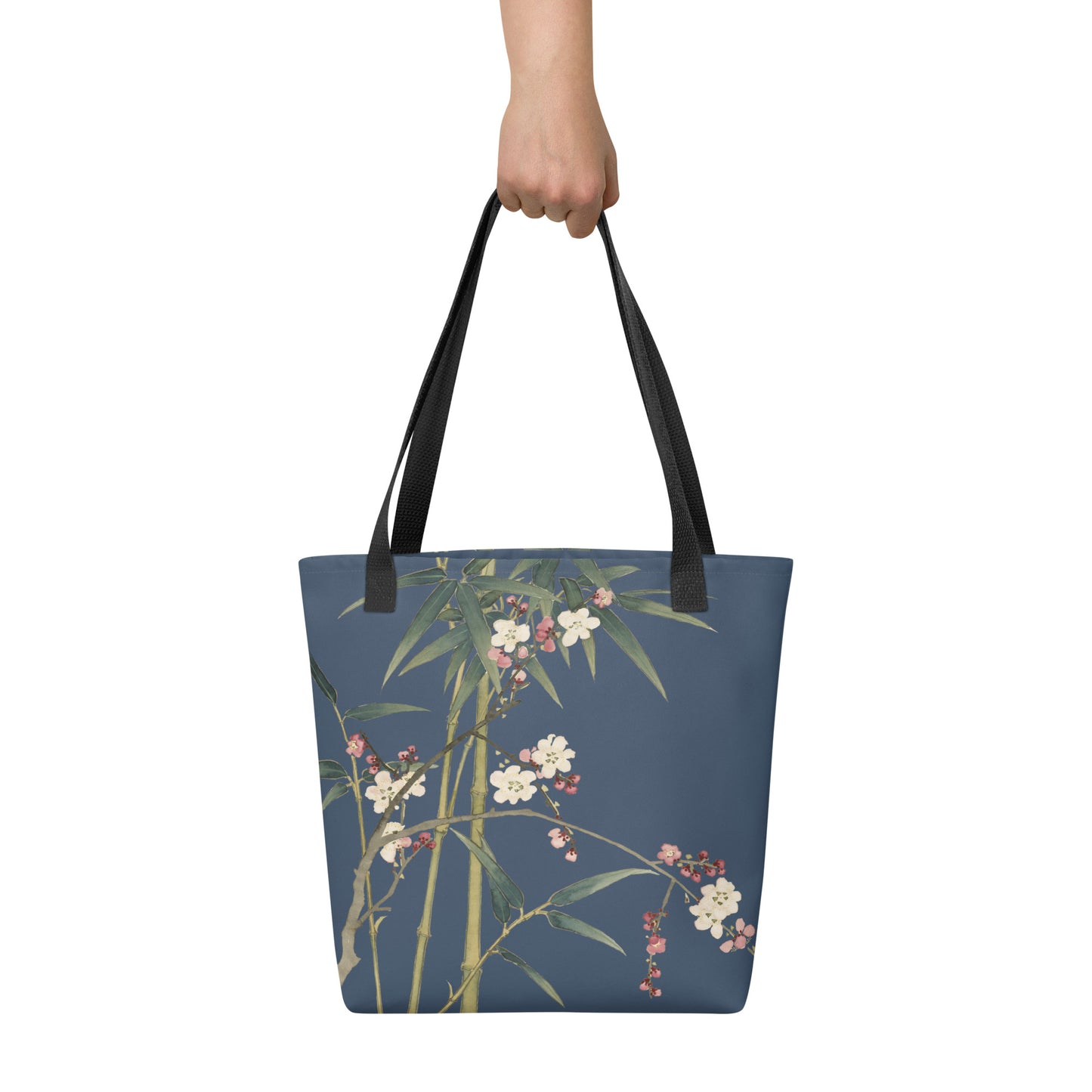 The Spirit of Flowers in Twelve Months｜Crimson Plum Blossom and Lush Green Bamboo｜Tote bag｜Dark blue