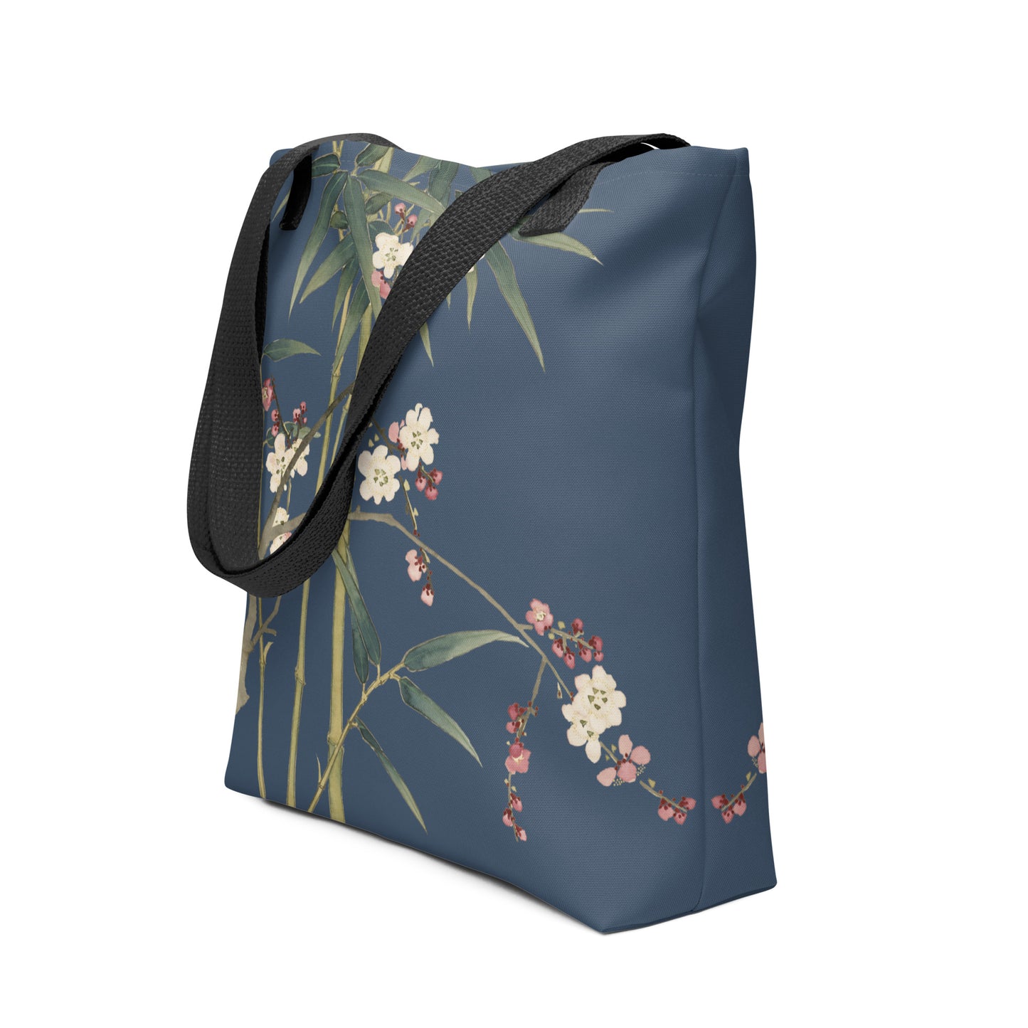 The Spirit of Flowers in Twelve Months｜Crimson Plum Blossom and Lush Green Bamboo｜Tote bag｜Dark blue