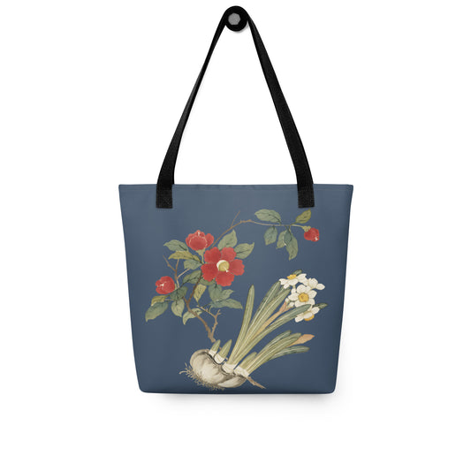 The Spirit of Flowers in Twelve Months｜Narcissus and Camelia in Bloom｜Tote bag｜Dark blue