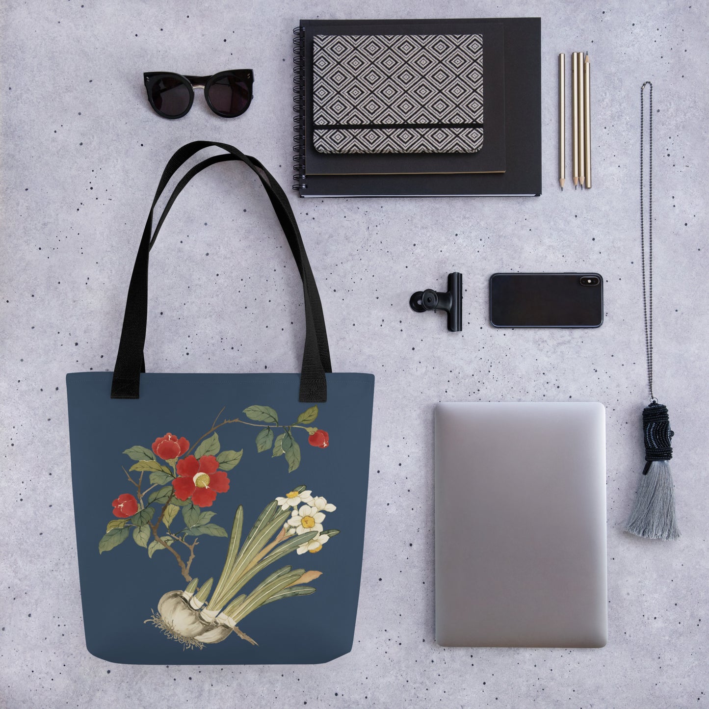 The Spirit of Flowers in Twelve Months｜Narcissus and Camelia in Bloom｜Tote bag｜Dark blue