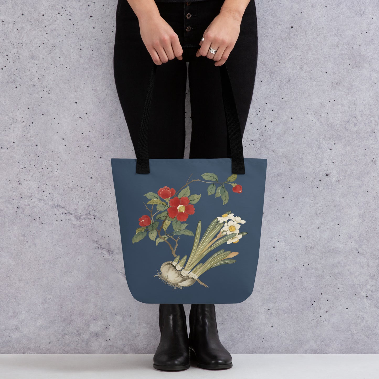 The Spirit of Flowers in Twelve Months｜Narcissus and Camelia in Bloom｜Tote bag｜Dark blue