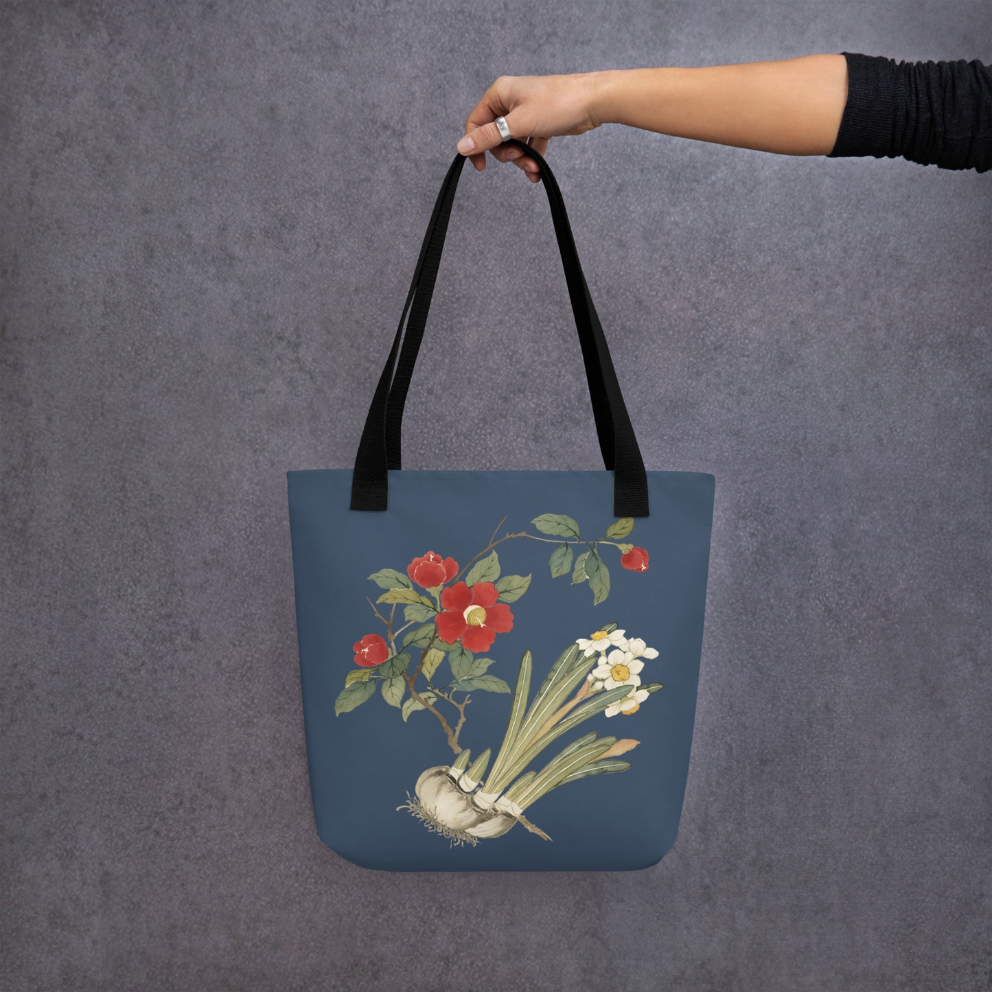 The Spirit of Flowers in Twelve Months｜Narcissus and Camelia in Bloom｜Tote bag｜Dark blue