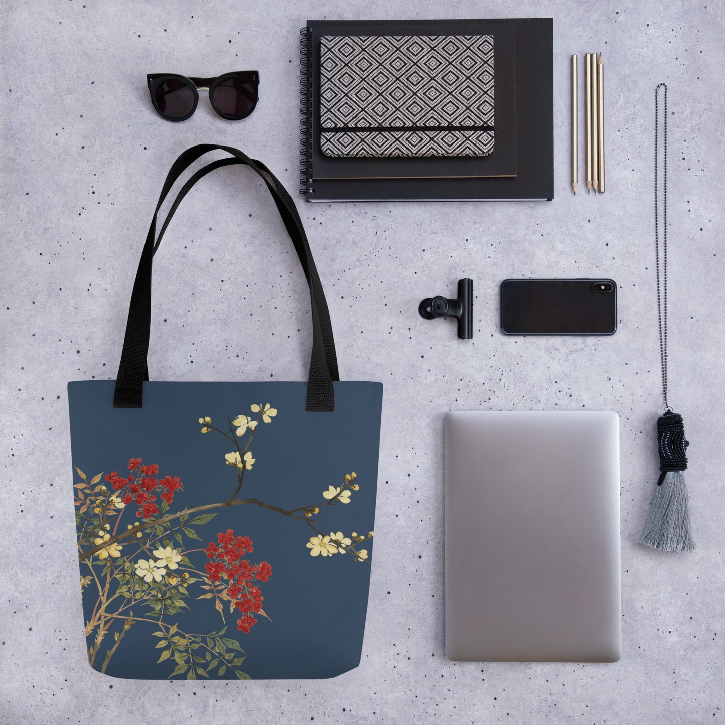 The Spirit of Flowers in Twelve Months｜Blooming Wintersweet and Heavenly Bamboo｜Tote bag｜Dark blue