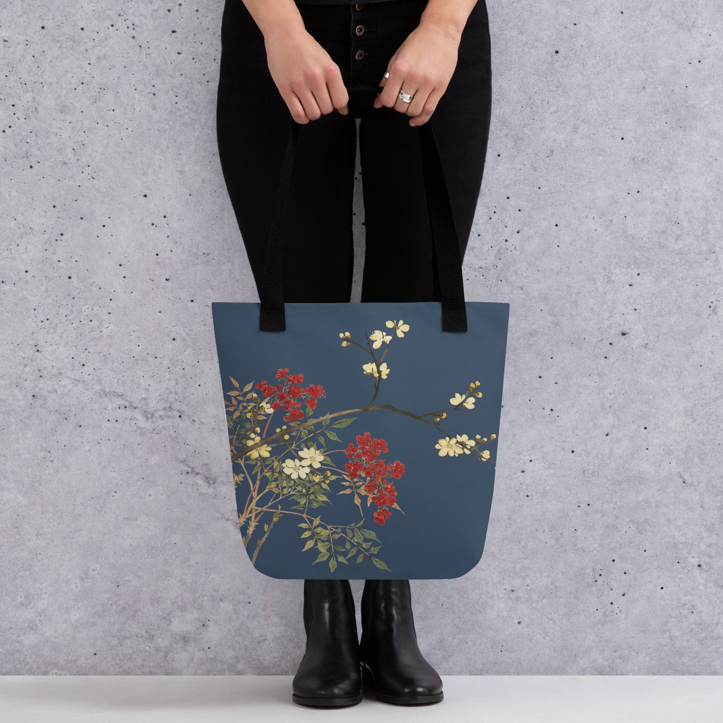 The Spirit of Flowers in Twelve Months｜Blooming Wintersweet and Heavenly Bamboo｜Tote bag｜Dark blue