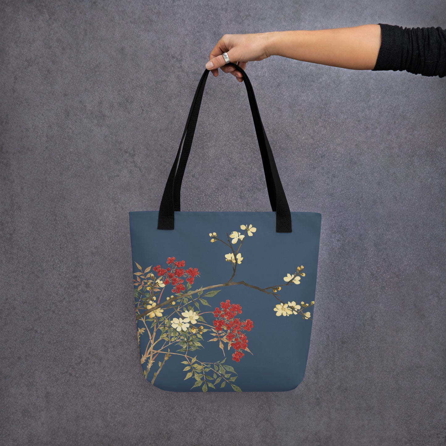 The Spirit of Flowers in Twelve Months｜Blooming Wintersweet and Heavenly Bamboo｜Tote bag｜Dark blue