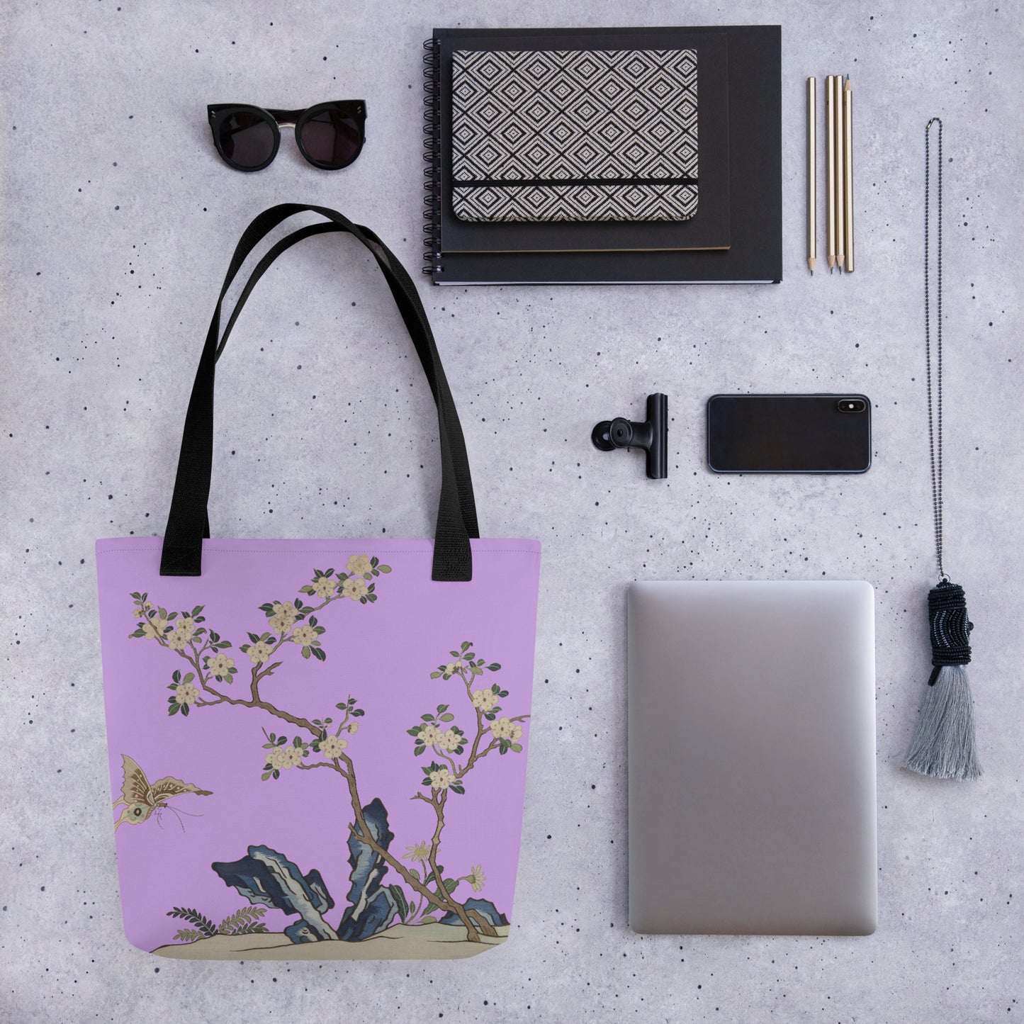 Kesi Flower Album｜White Plum Blossoms and Butterfly｜Tote bag｜Lilac