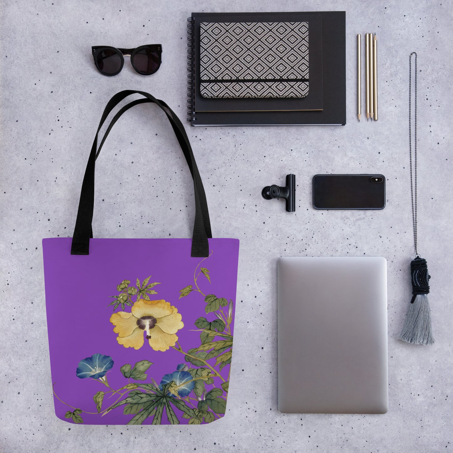 The Spirit of Flowers in Twelve Months｜Okra and White-edged Morning Glory in Bloom｜Tote bag｜Purple