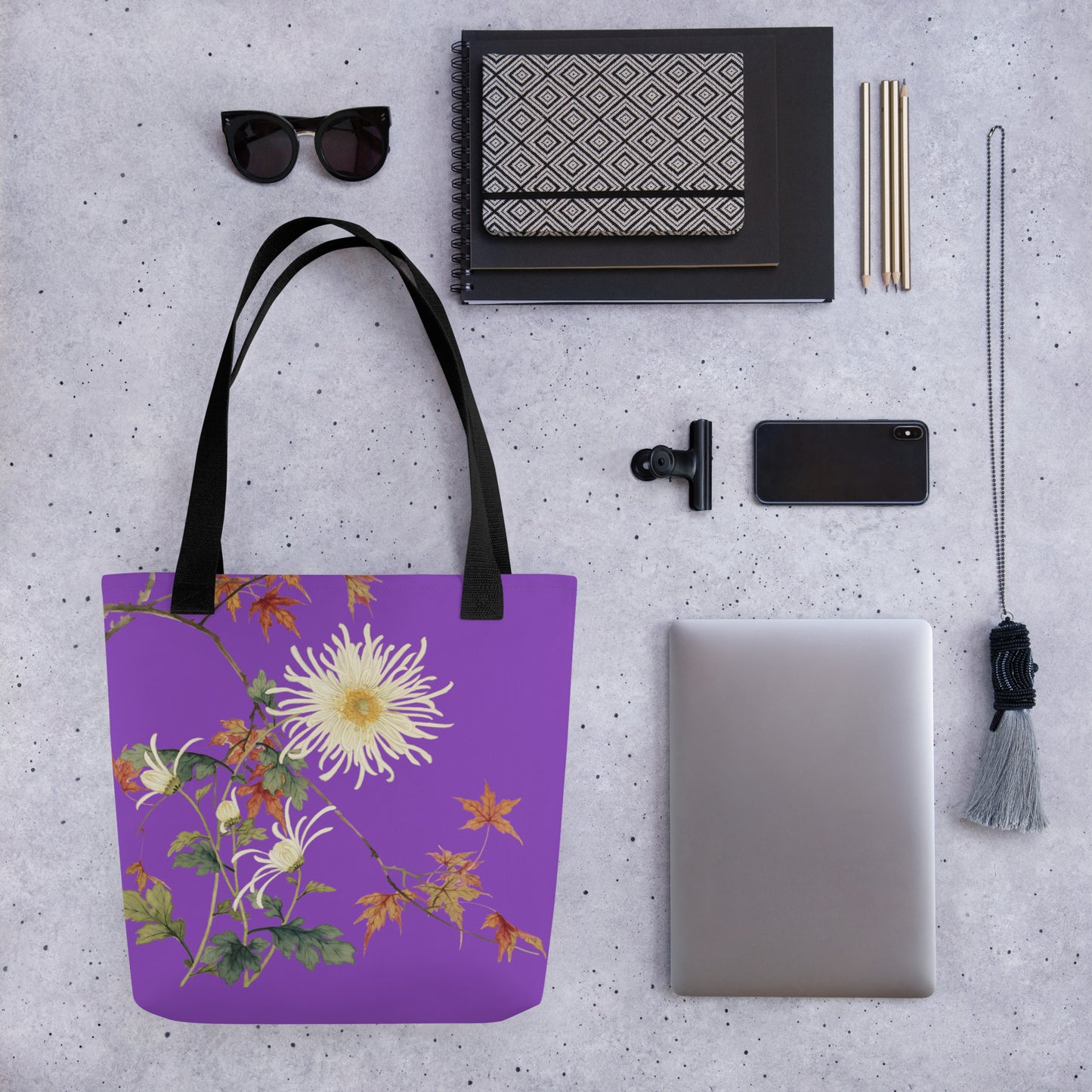 The Spirit of Flowers in Twelve Months｜Blooming Chrysanthemum and Maple Leaves｜Tote bag｜Purple