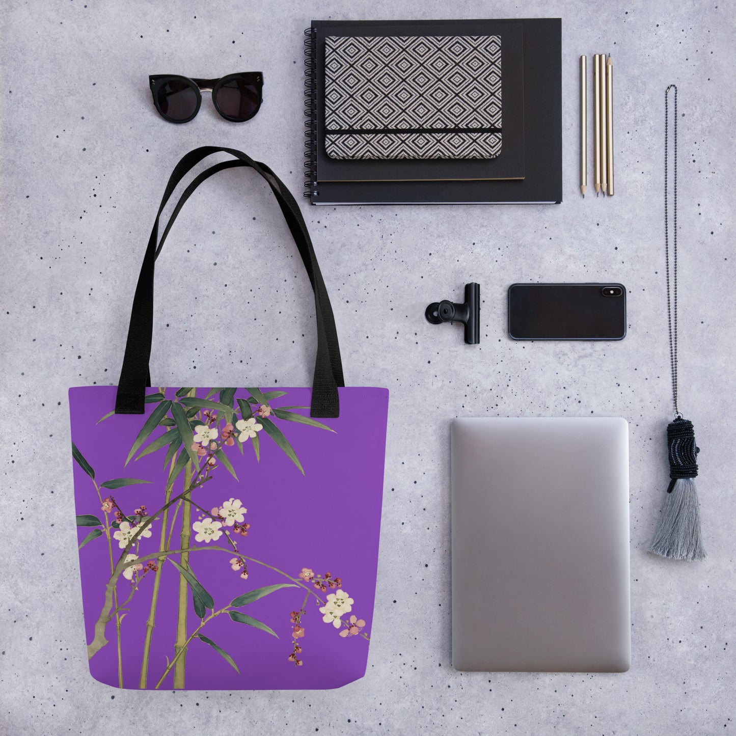 The Spirit of Flowers in Twelve Months｜Crimson Plum Blossom and Lush Green Bamboo｜Tote bag｜Purple