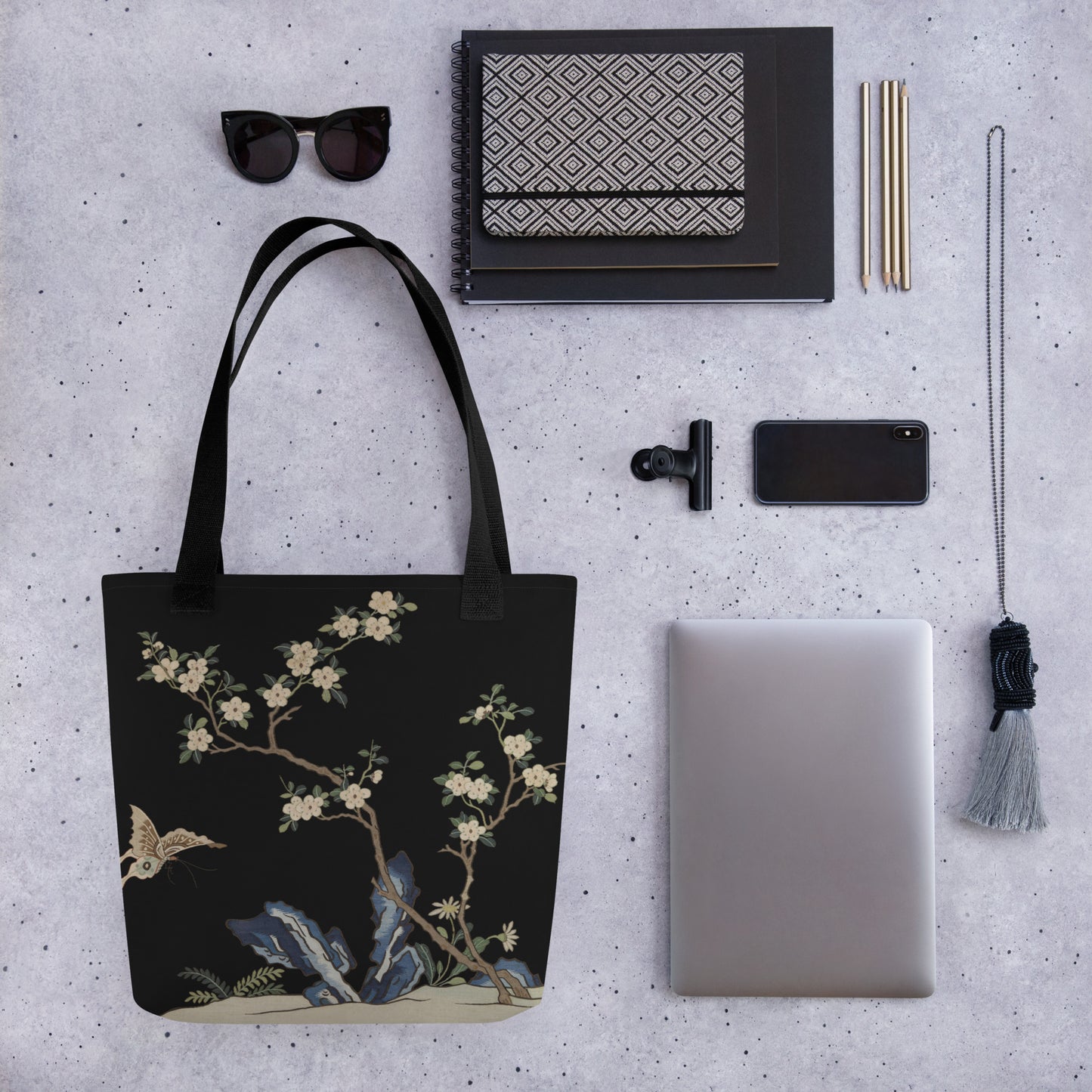 Kesi Flower Album｜White Plum Blossoms and Butterfly｜Tote bag｜Black