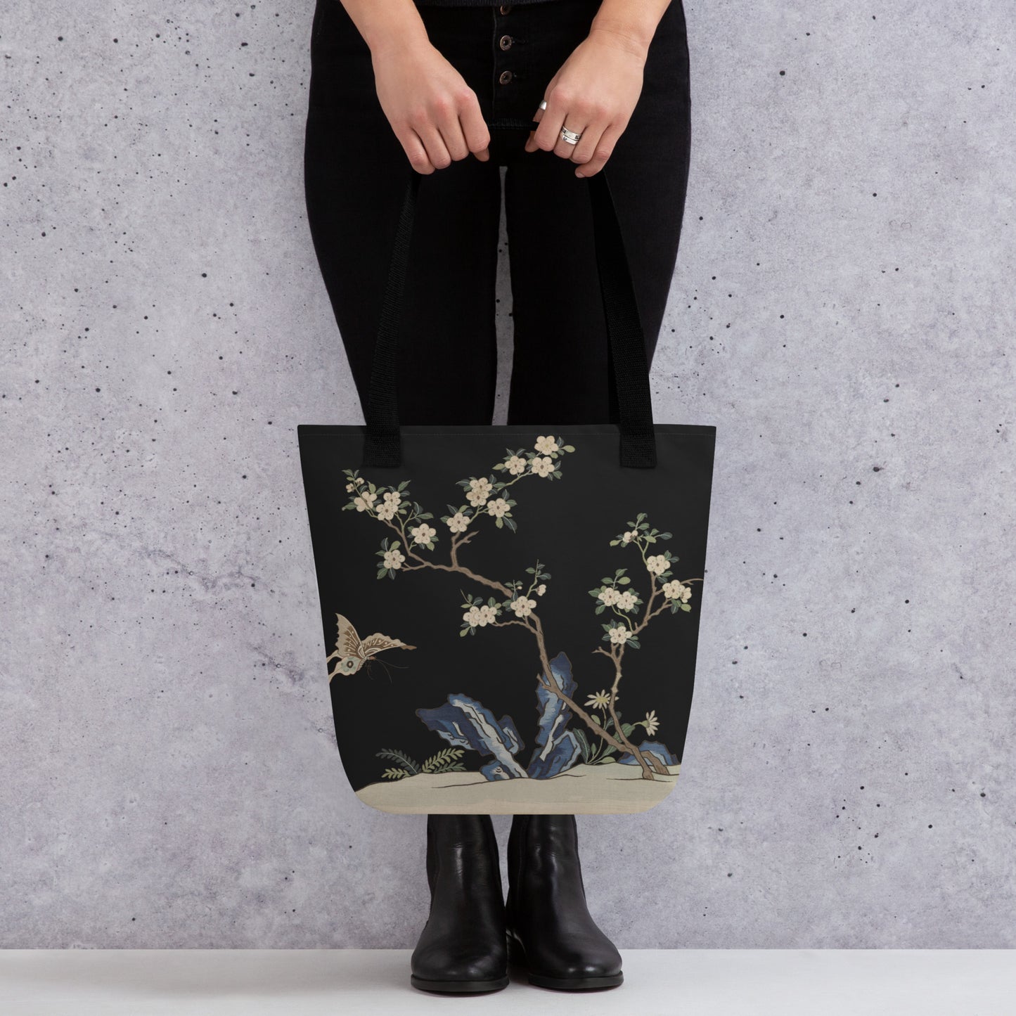 Kesi Flower Album｜White Plum Blossoms and Butterfly｜Tote bag｜Black