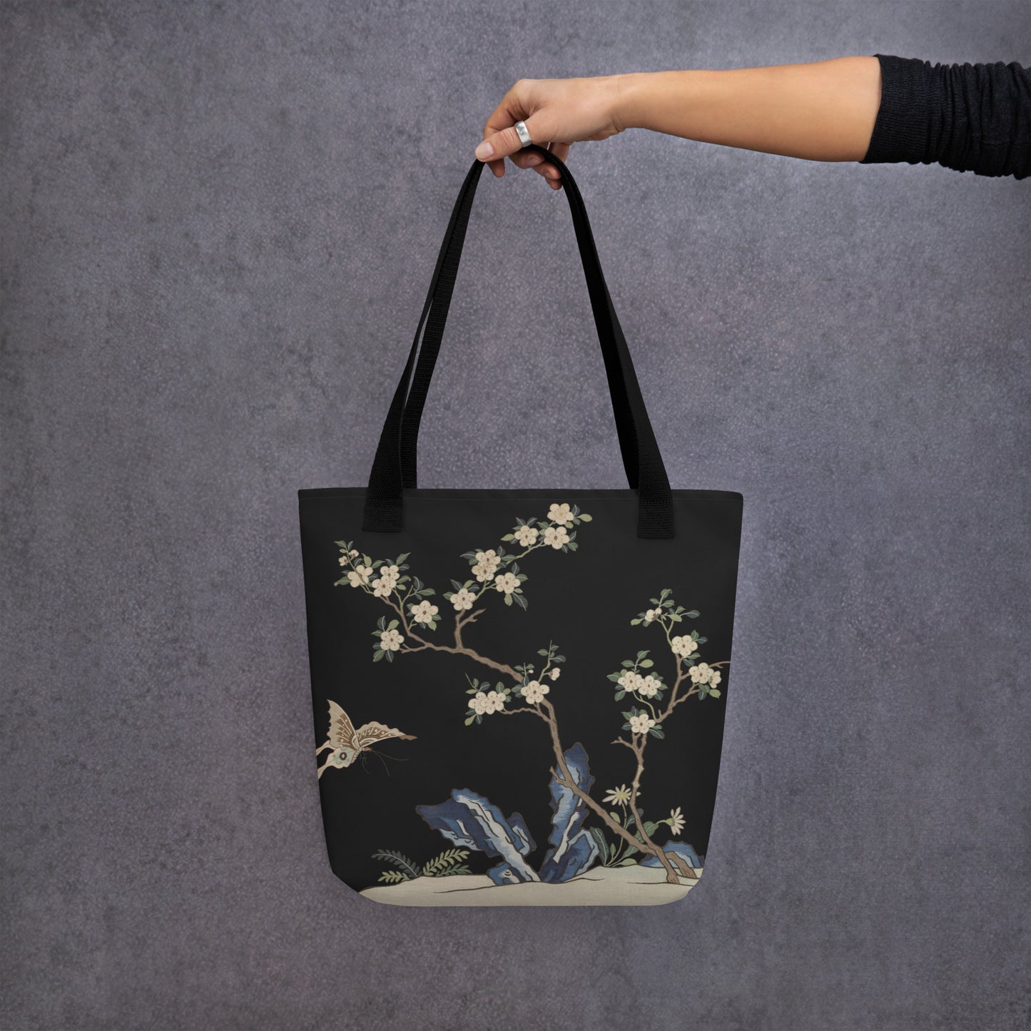 Kesi Flower Album｜White Plum Blossoms and Butterfly｜Tote bag｜Black