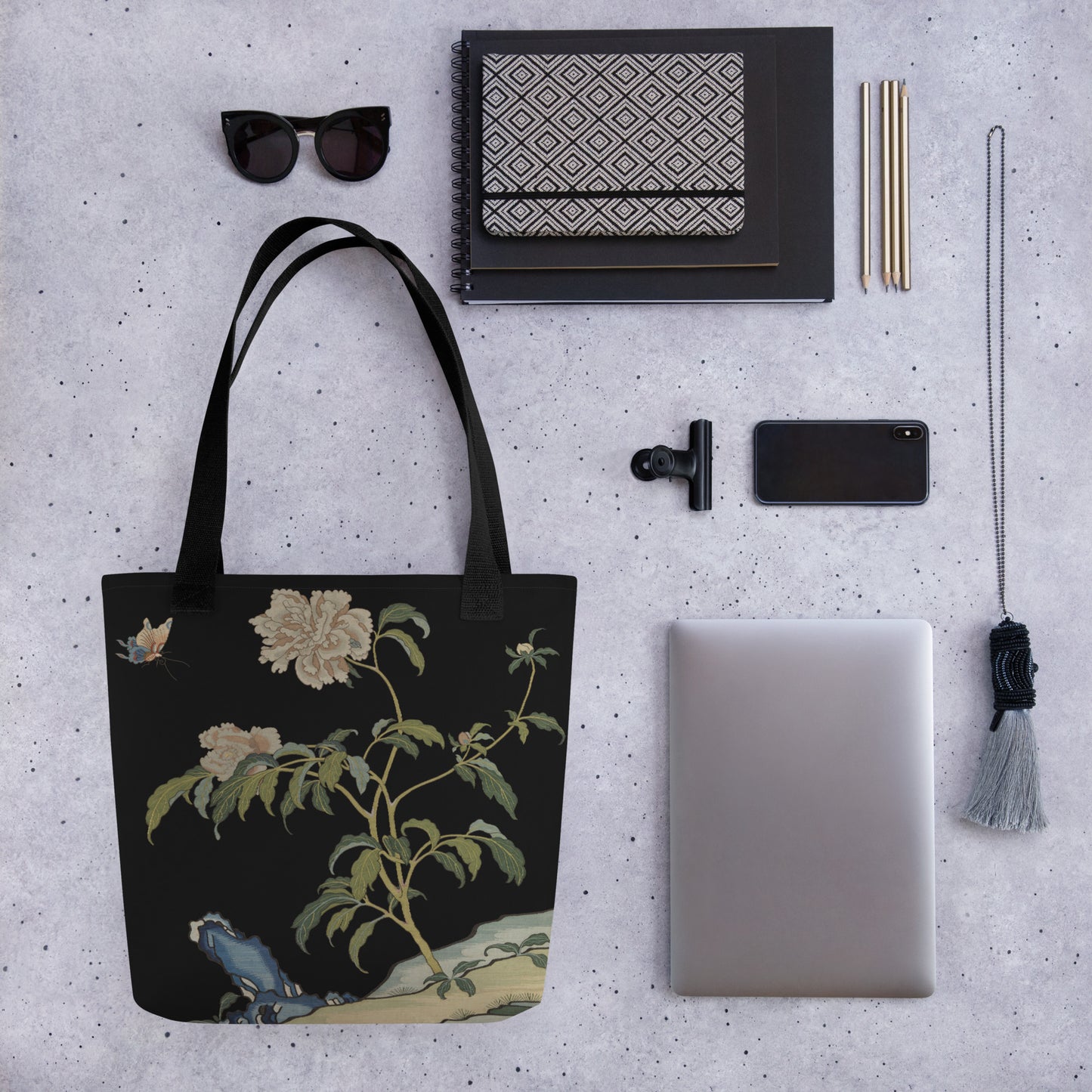 Kesi Flower Album｜Peonies and Butterfly｜Tote bag｜Black