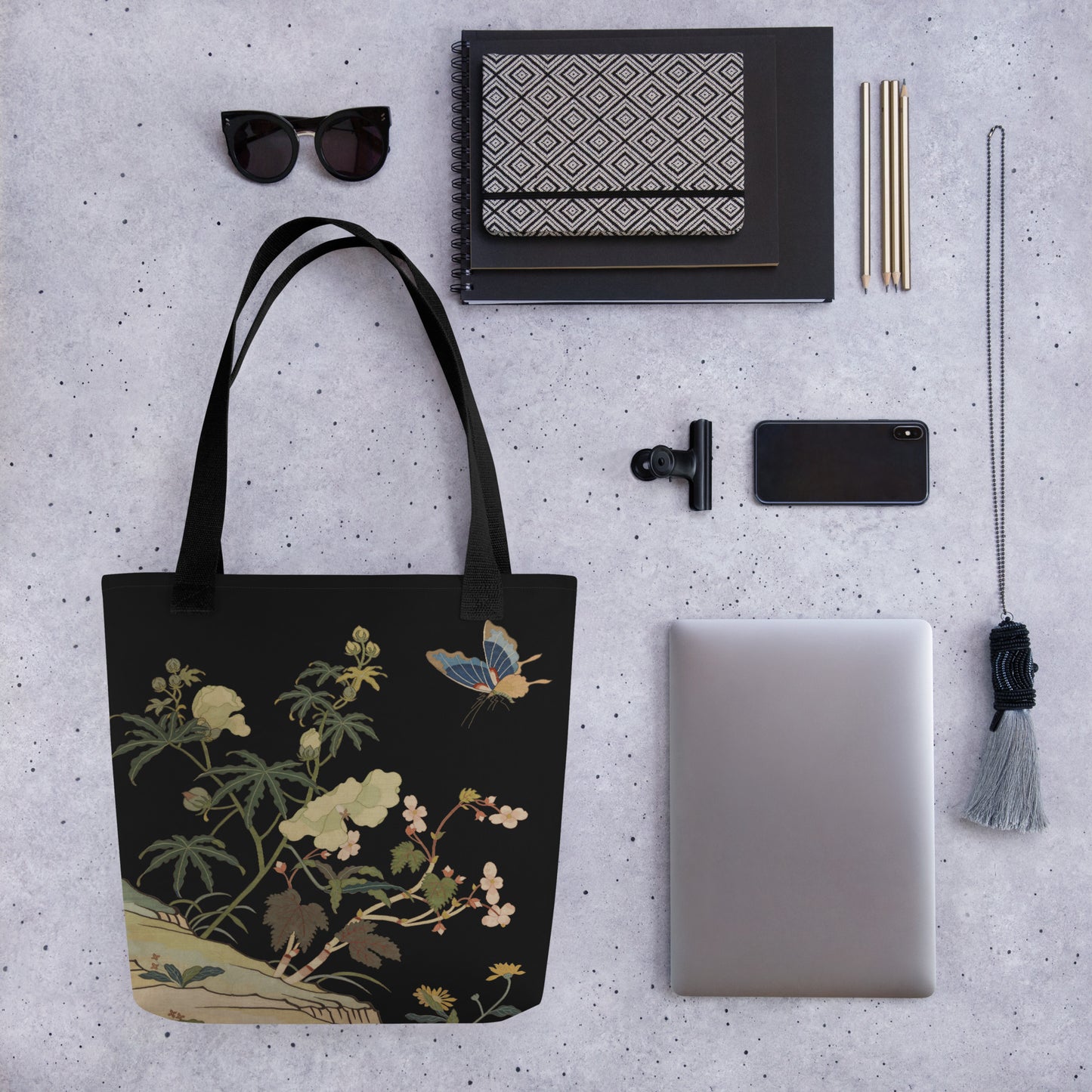 Kesi Flower Album｜Hibiscus and Begonia Blossoms｜Tote bag｜Black